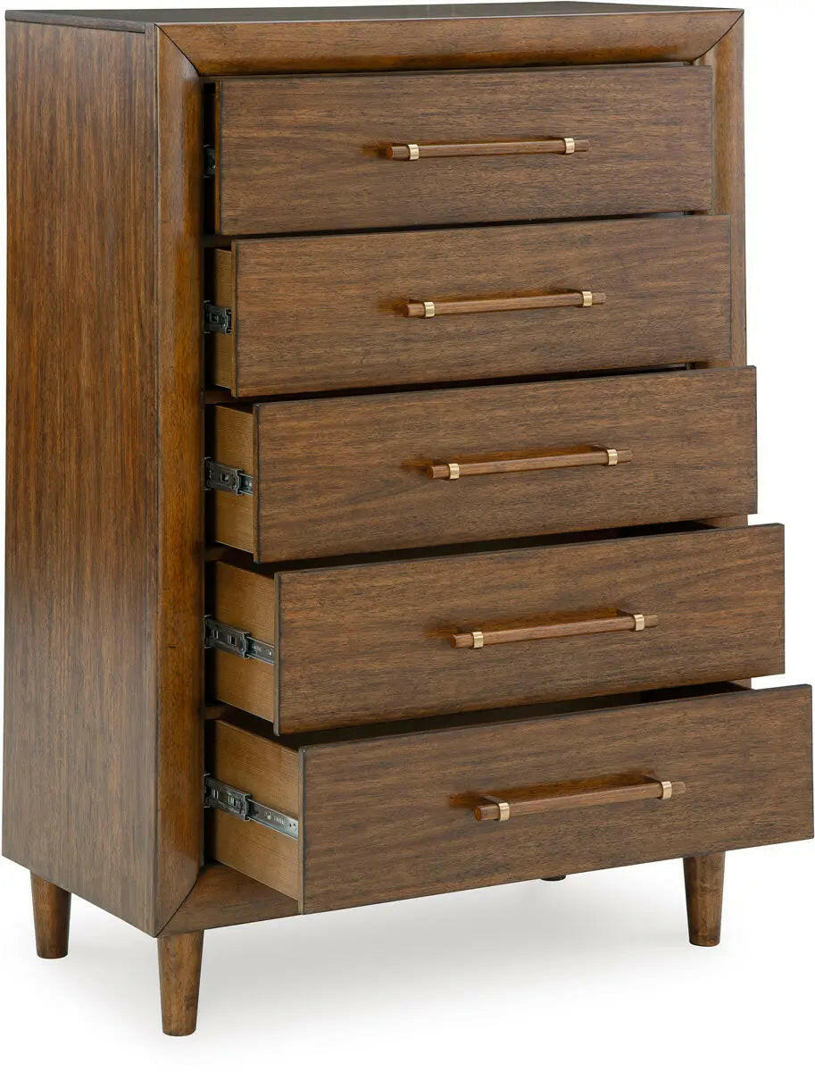 Signature Design by Ashley Lyncott upholstered panel bedroom set with bed frame, headboard, and matching bedroom furniture.