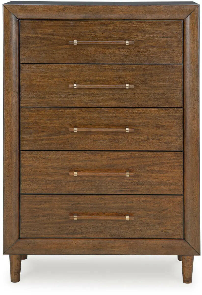 Signature Design by Ashley Lyncott upholstered panel bedroom set with matching headboard and bedding, in a modern bedroom setting.
