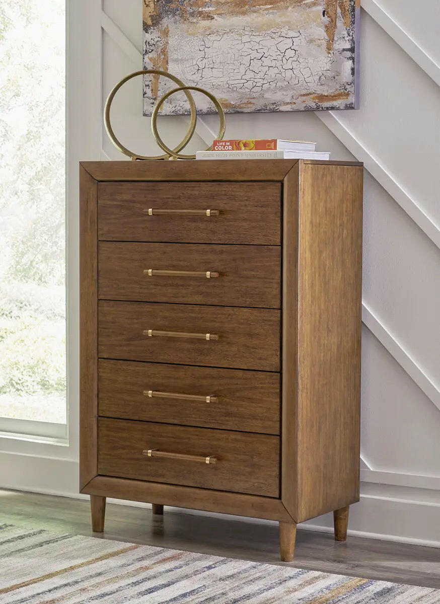 Signature Design by Ashley Lyncott upholstered panel bedroom set with a bed frame and matching nightstands in a modern style.
