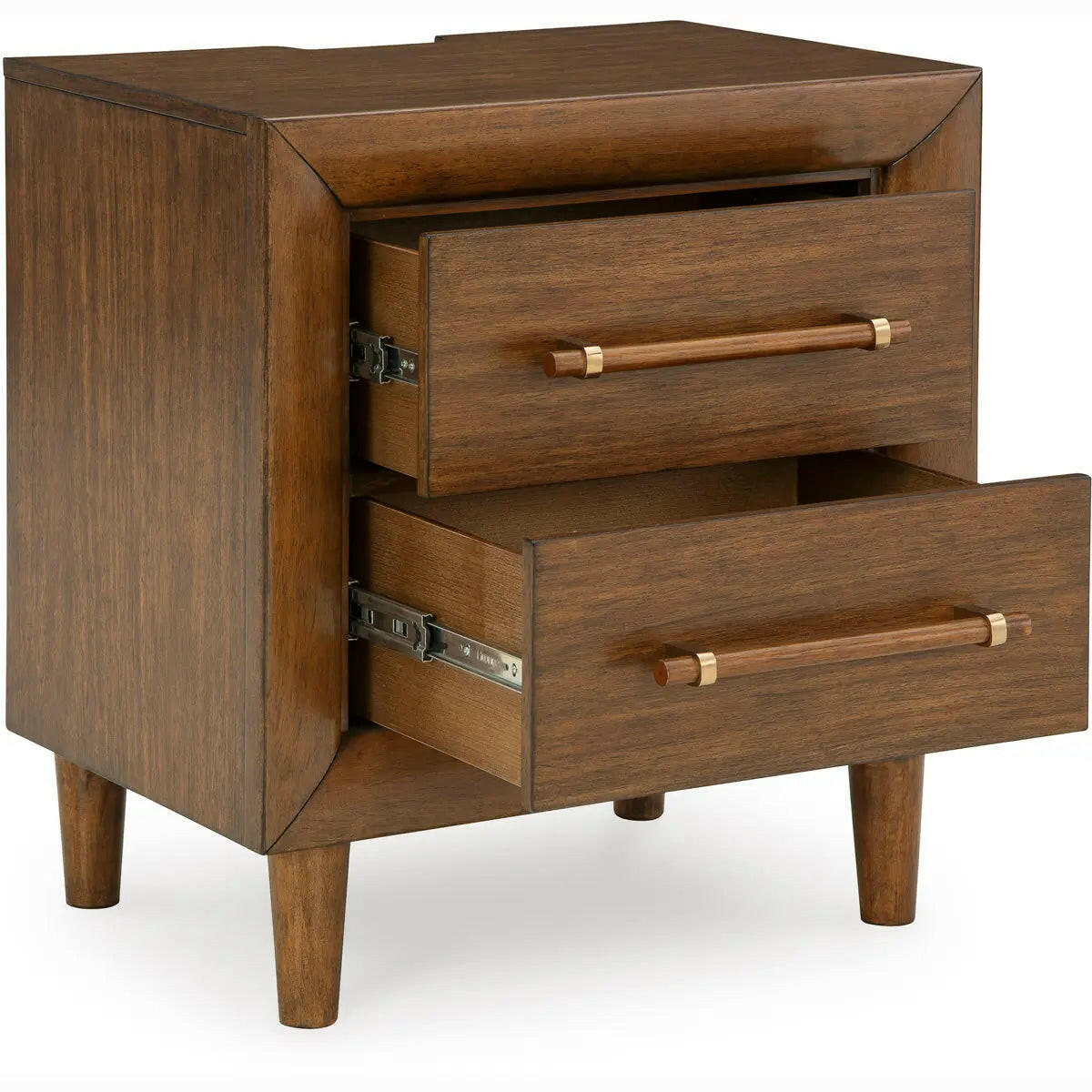 Signature Design by Ashley Lyncott upholstered bedroom set with a panel bed, dresser, and nightstands, shown from an angled open view.