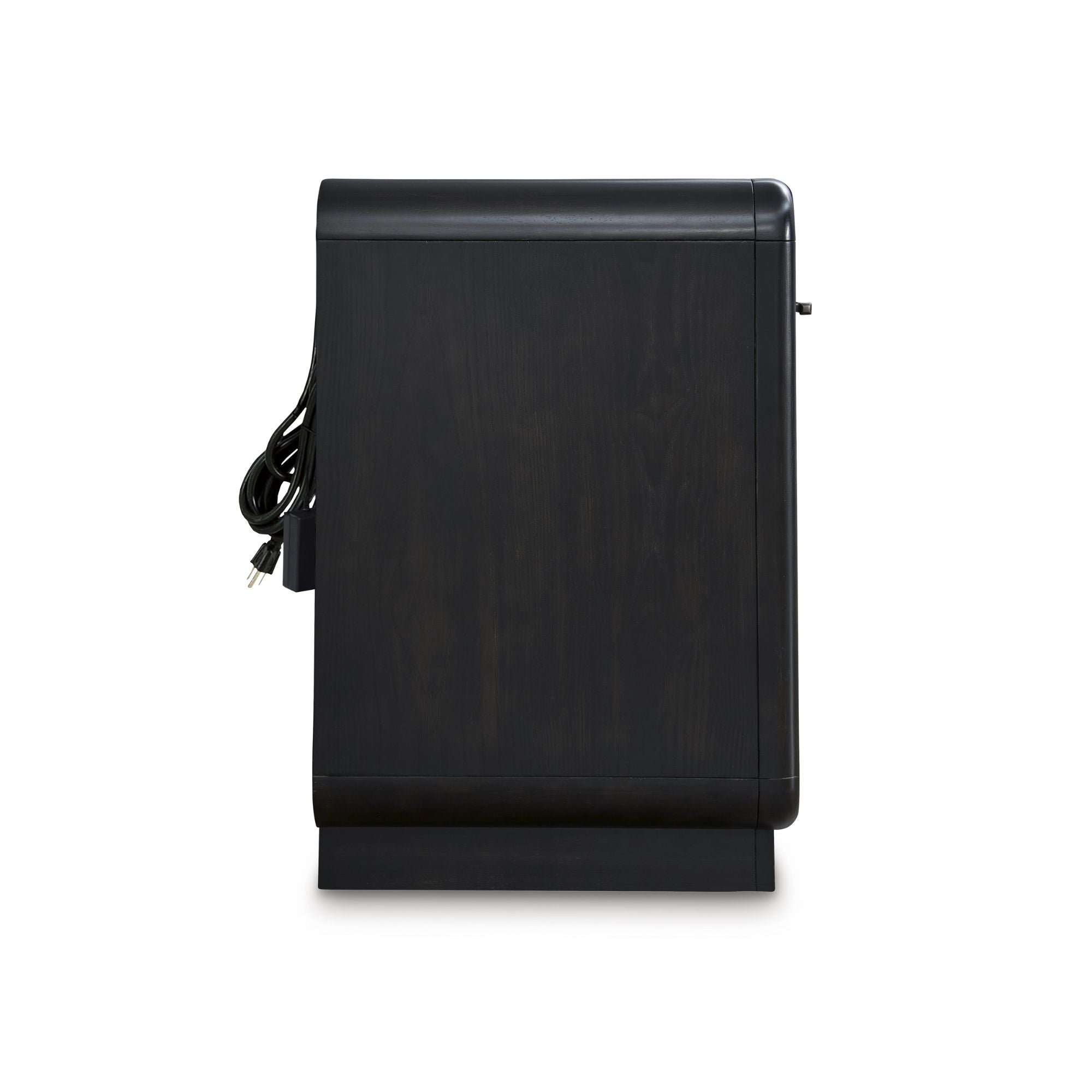 Black nightstand from the Rowanbeck Collection by Signature Ashley, featuring a sleek design and storage drawer for bedroom decor.