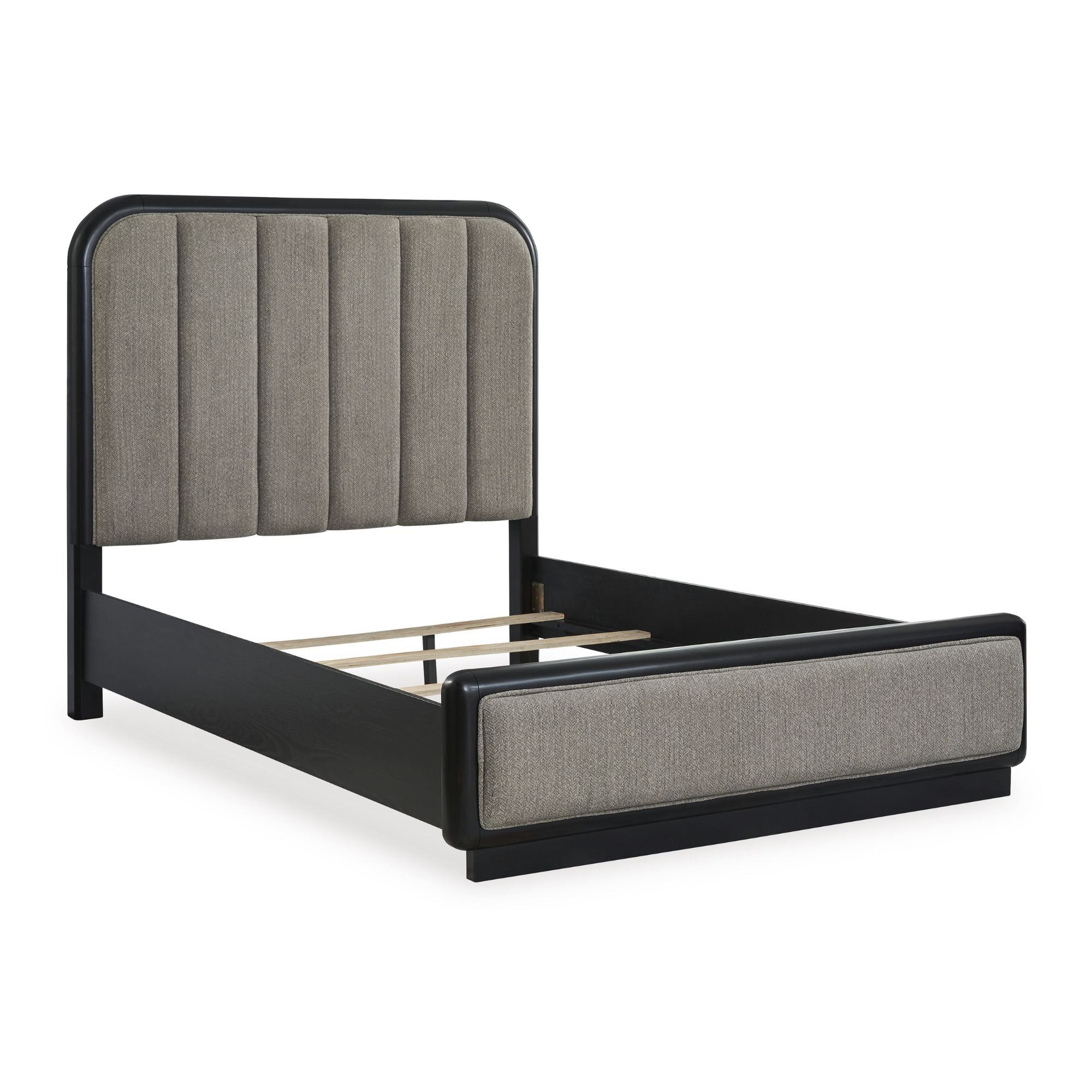 Signature Ashley Rowanbeck Collection upholstered panel bed with plush fabric and modern design, shown in a stylish bedroom setting.