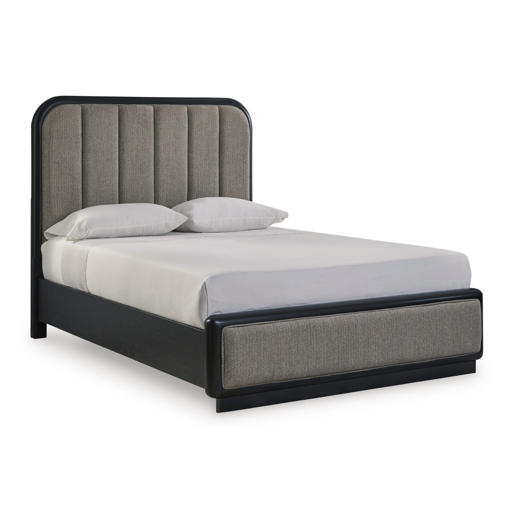 Signature Ashley Rowanbeck upholstered panel bedroom set with a bed, nightstands, and dresser in a modern bedroom scene.
