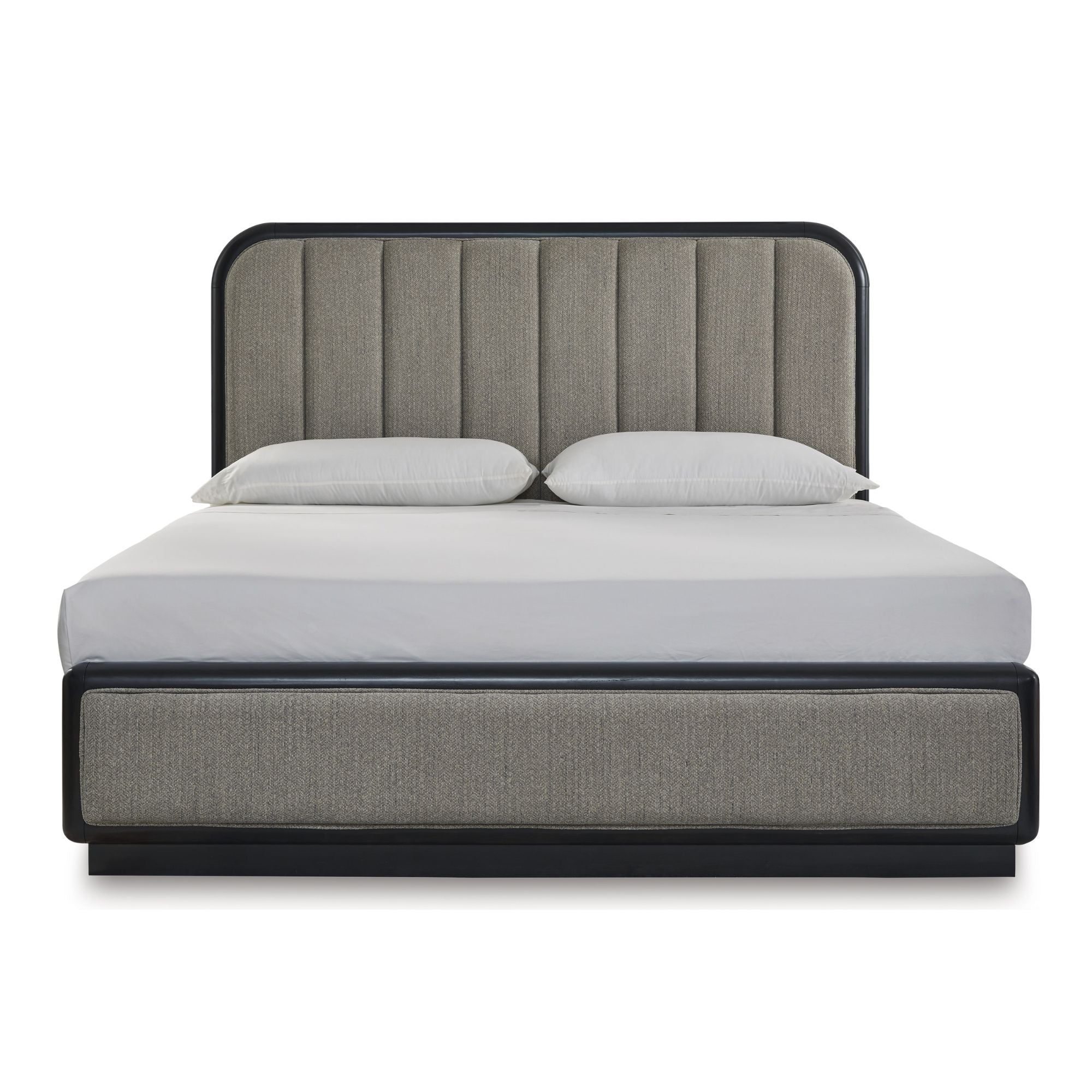 Signature Ashley Rowanbeck Collection upholstered panel bed in a modern bedroom setting with plush fabric and stylish design.