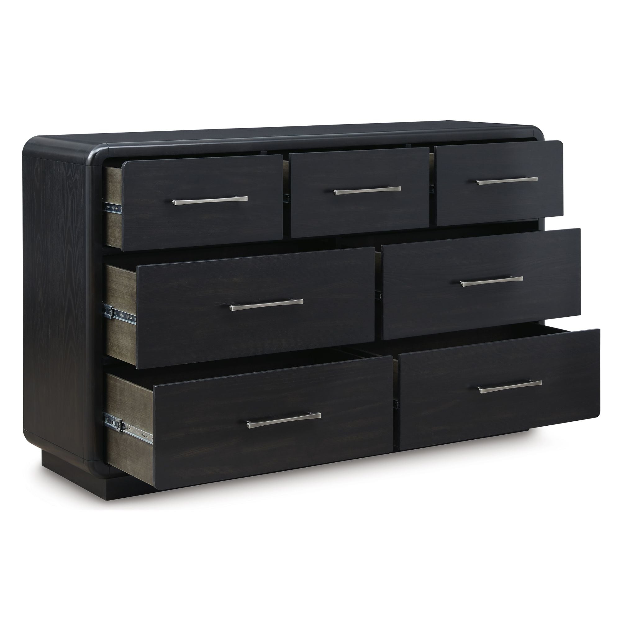 Black Signature Ashley Rowanbeck Collection dresser and mirror set with sleek wood finish and modern design for bedroom decor.