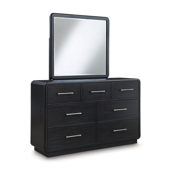 Black Rowanbeck Collection dresser and mirror by Signature Design by Ashley, showcasing a modern bedroom furniture set.