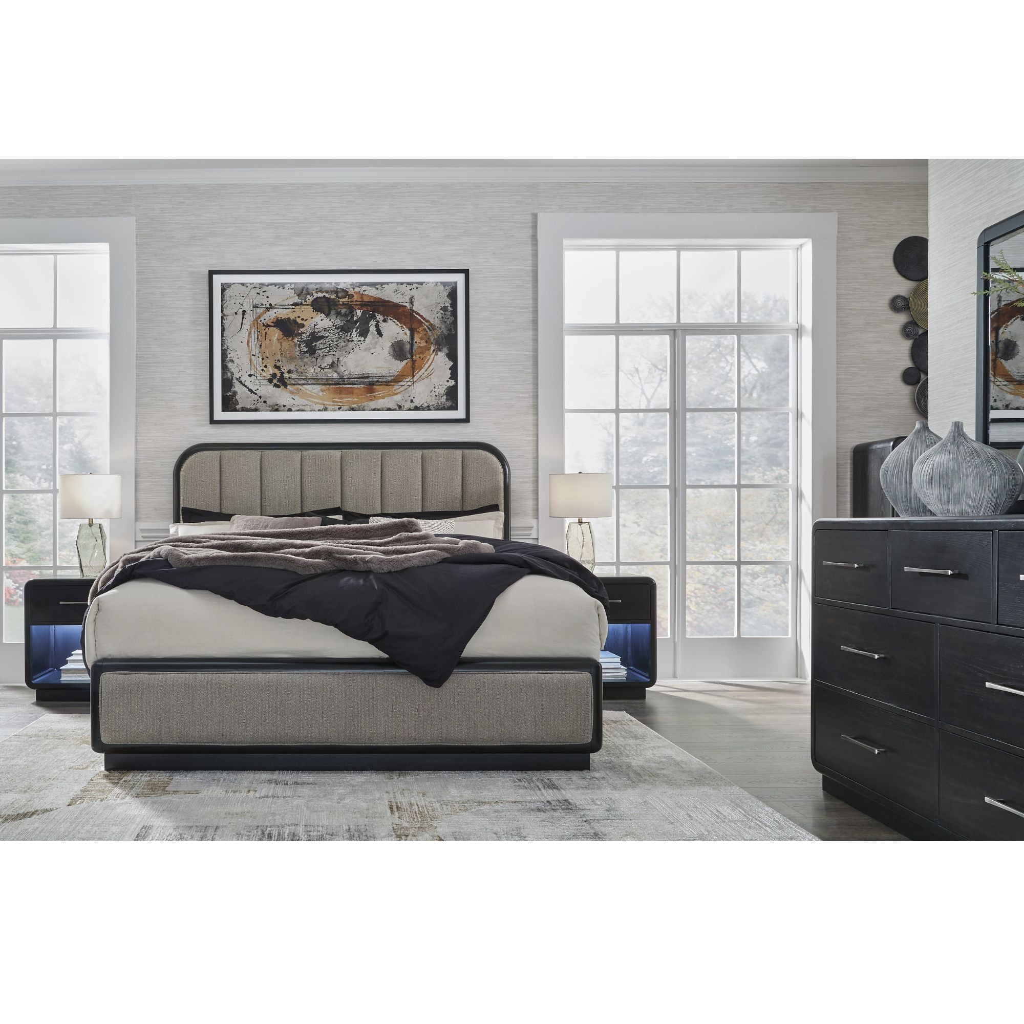 Signature Ashley Rowanbeck upholstered panel bedroom set with a bed frame, matching nightstands, and coordinated bedroom furniture.