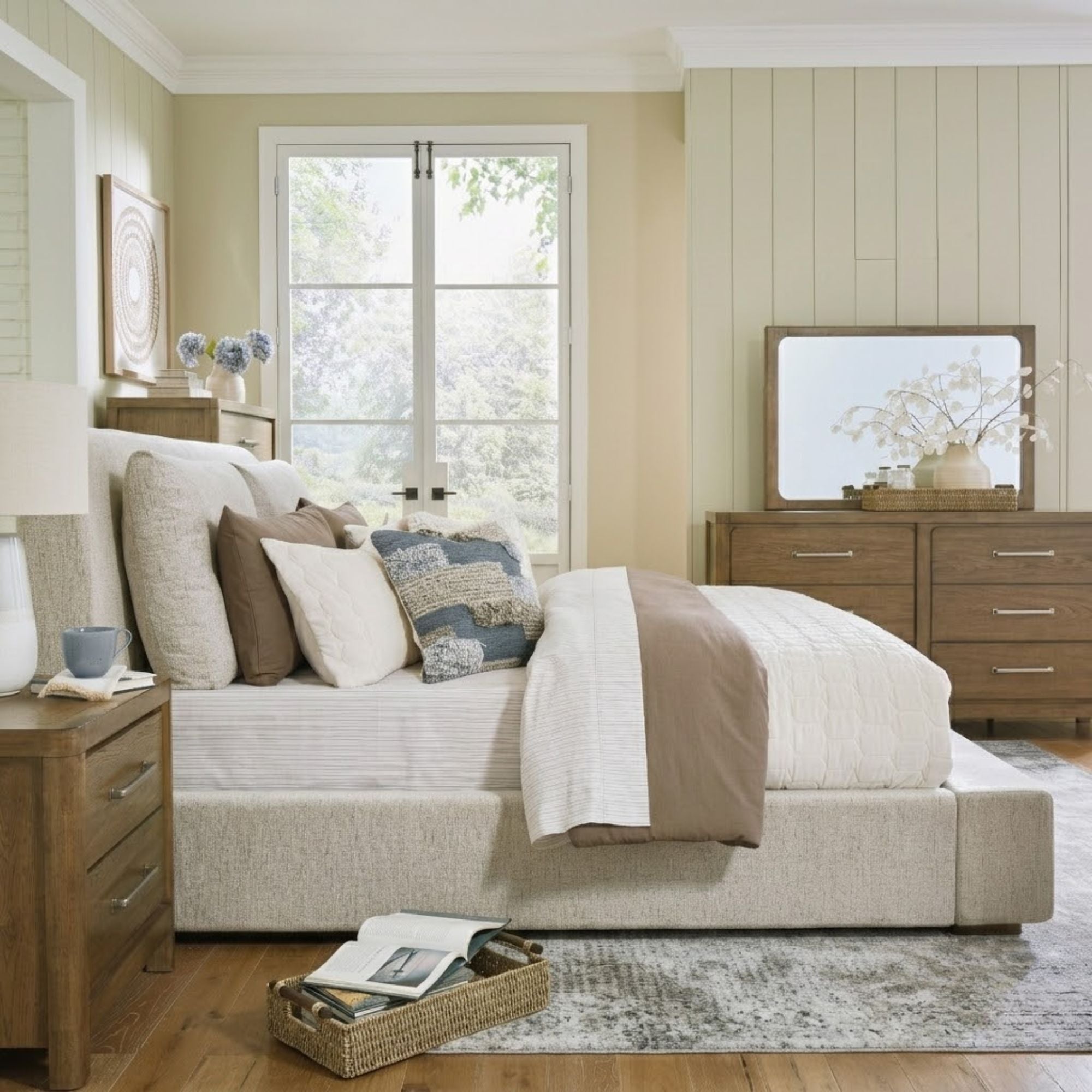 Ashley Cabalynn upholstered bed with plush fabric and modern design, shown in a neutral color against a stylish bedroom setting.
