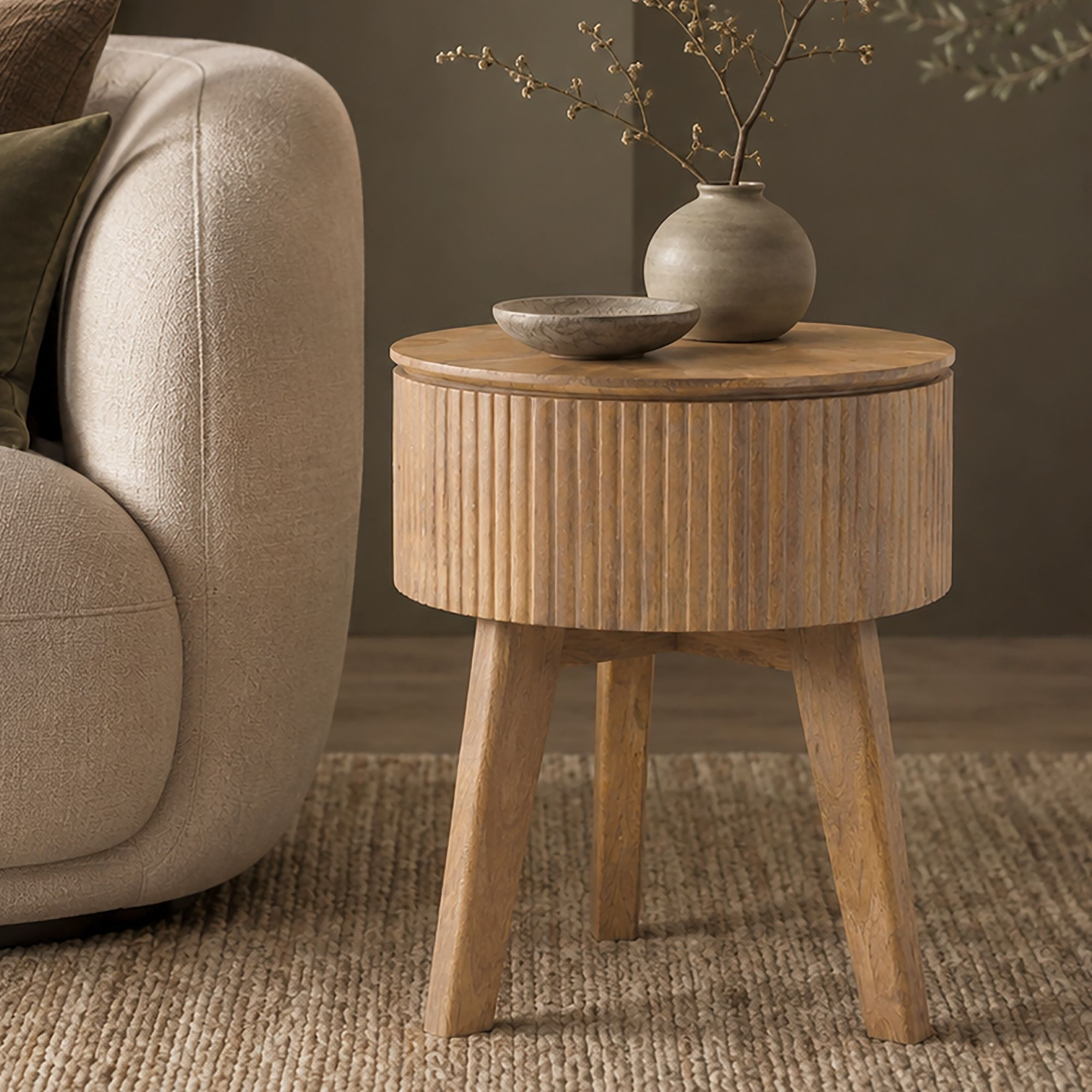 Balark Round 1-Drawer Accent Table in Natural (Pre-order)