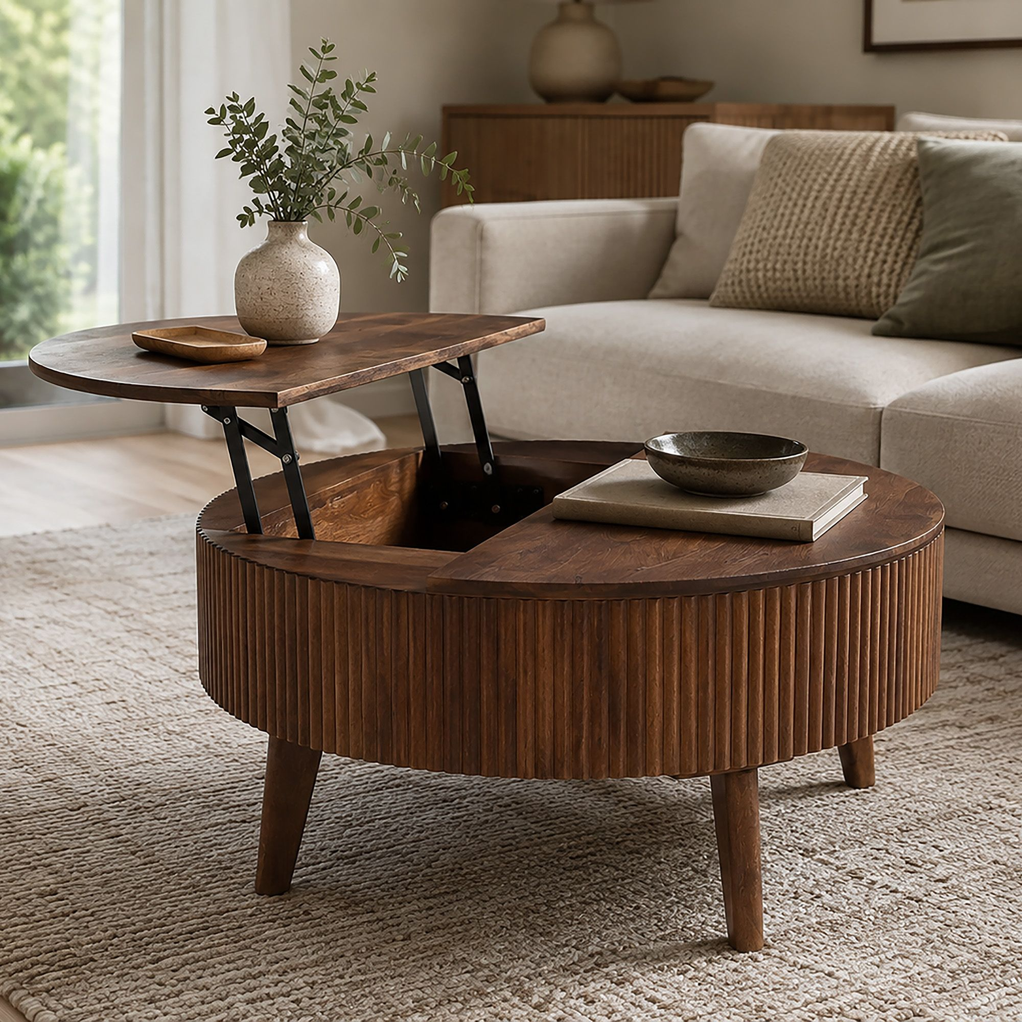 Balark Round Lift-Top Coffee Table in Walnut (Pre-order)