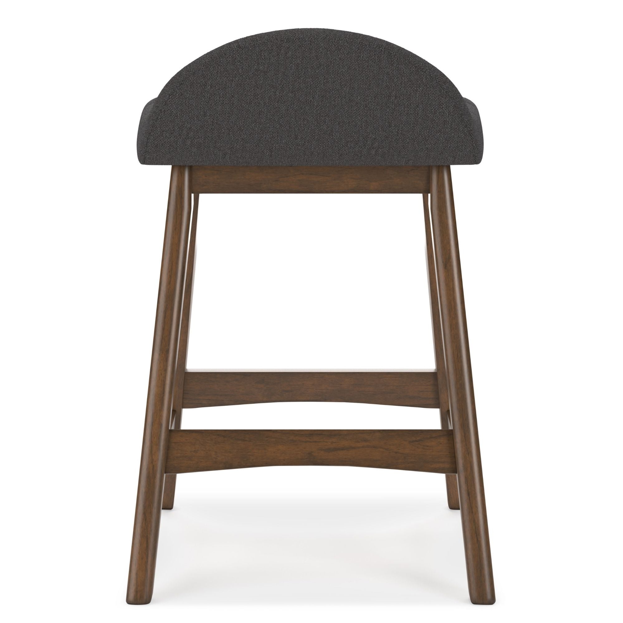 Set of two Signature Ashley charcoal upholstered bar stools with wooden legs, modern design, and cushioned seats.