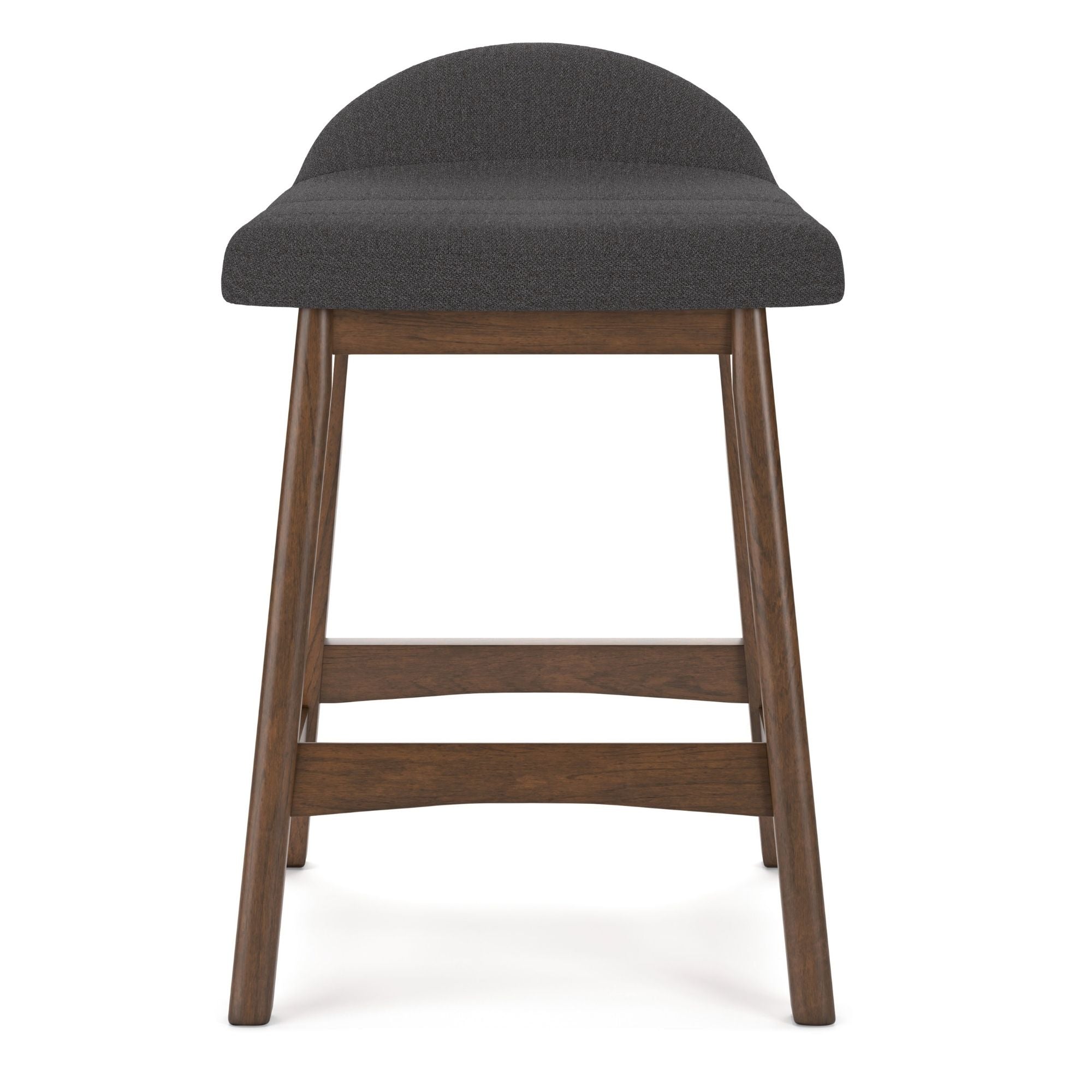 Set of two charcoal upholstered Signature Ashley bar stools with wooden legs, designed for modern kitchen or bar area.