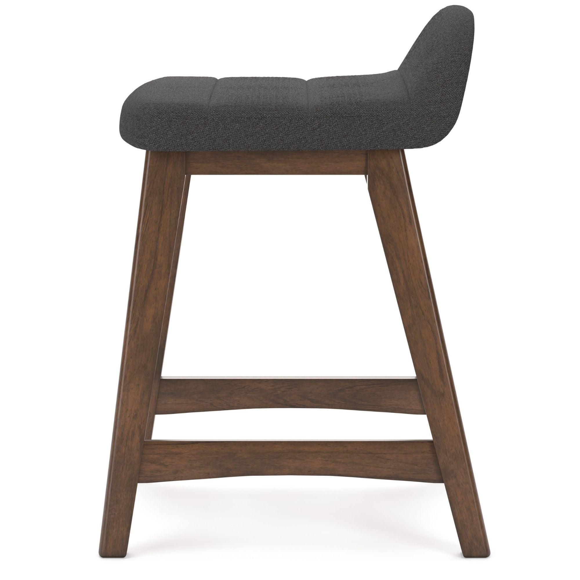 Set of two charcoal upholstered Signature Ashley barstools with sleek modern design and sturdy wooden legs.