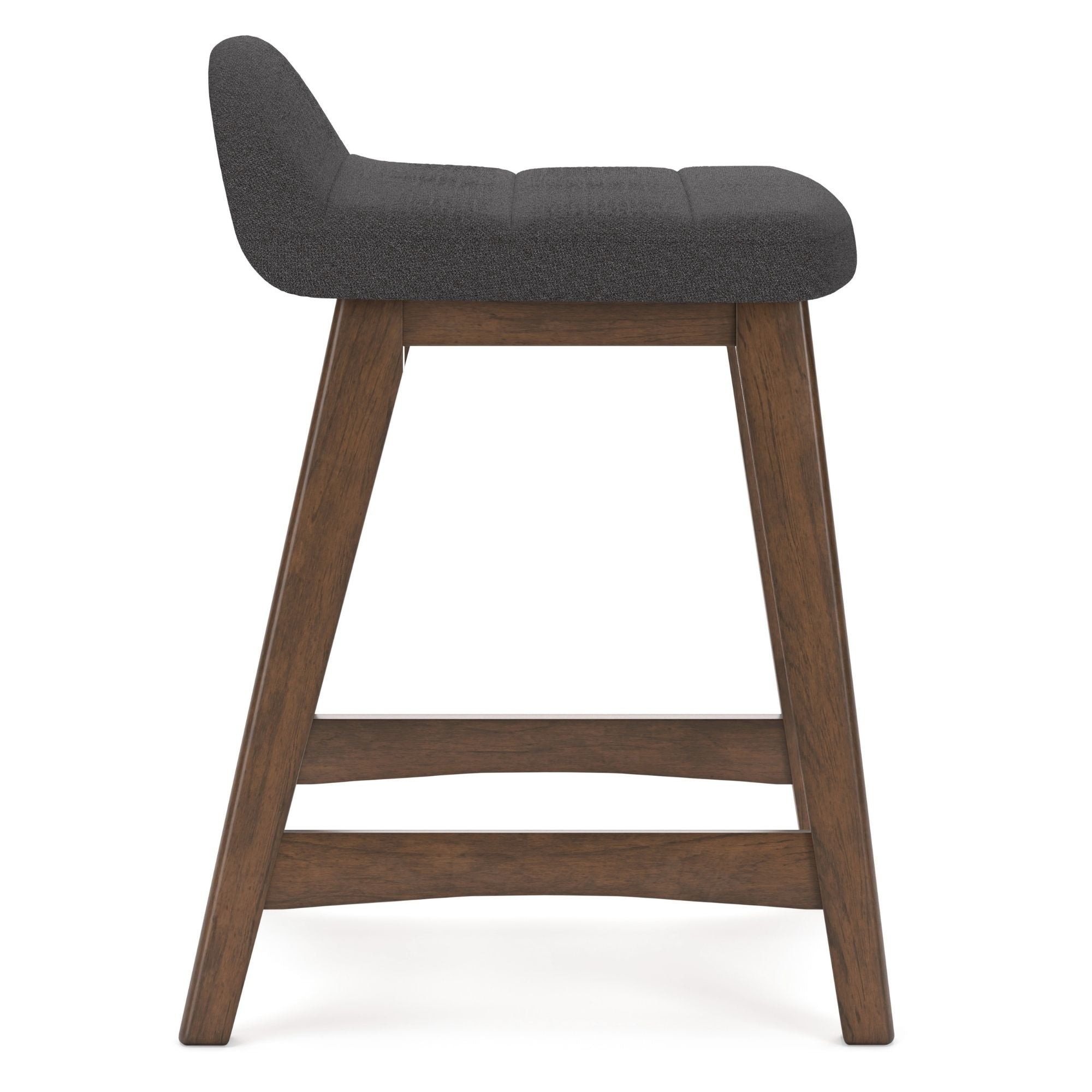 Set of two Signature Ashley Lyncott upholstered charcoal bar stools with padded seats and sleek design.