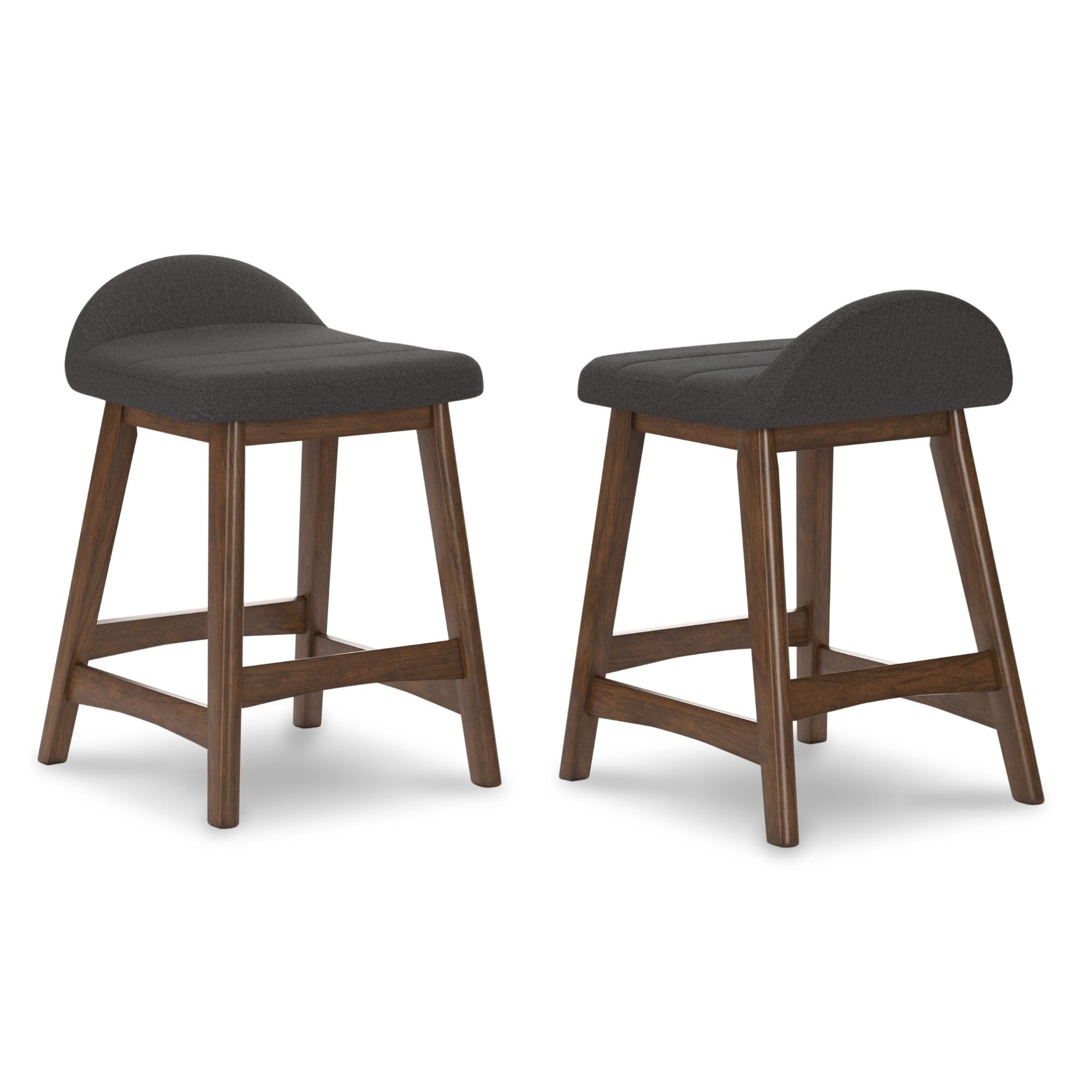 Set of two Signature Ashley Lyncott upholstered barstools in charcoal fabric with wooden legs, modern design for kitchen or bar area.