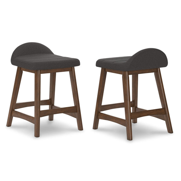 Set of two Signature Ashley Lyncott upholstered barstools in charcoal fabric with wooden legs, modern design for kitchen or bar area.