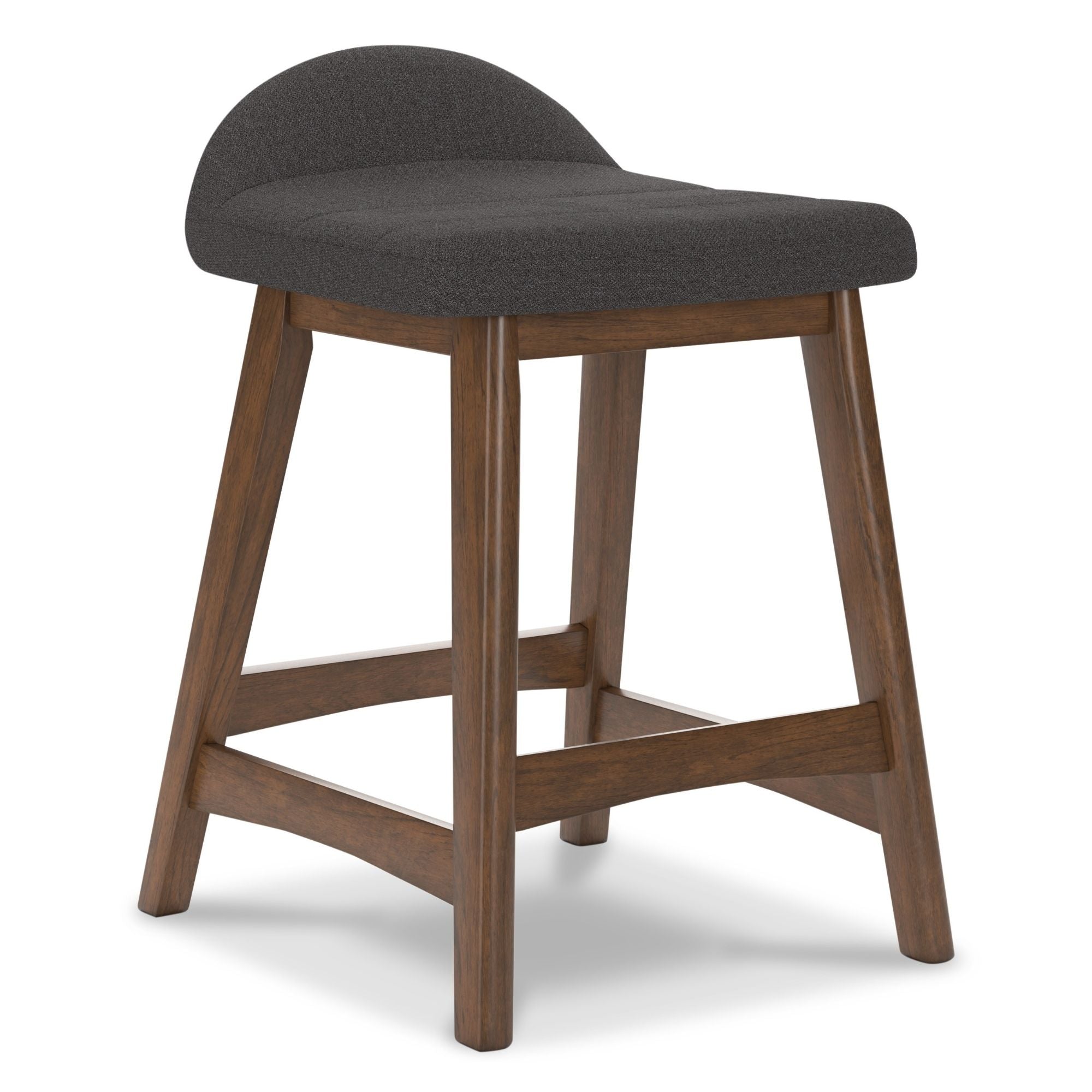 Two Signature Ashley charcoal upholstered barstools with sleek design and sturdy wooden legs, perfect for modern kitchen or bar area.
