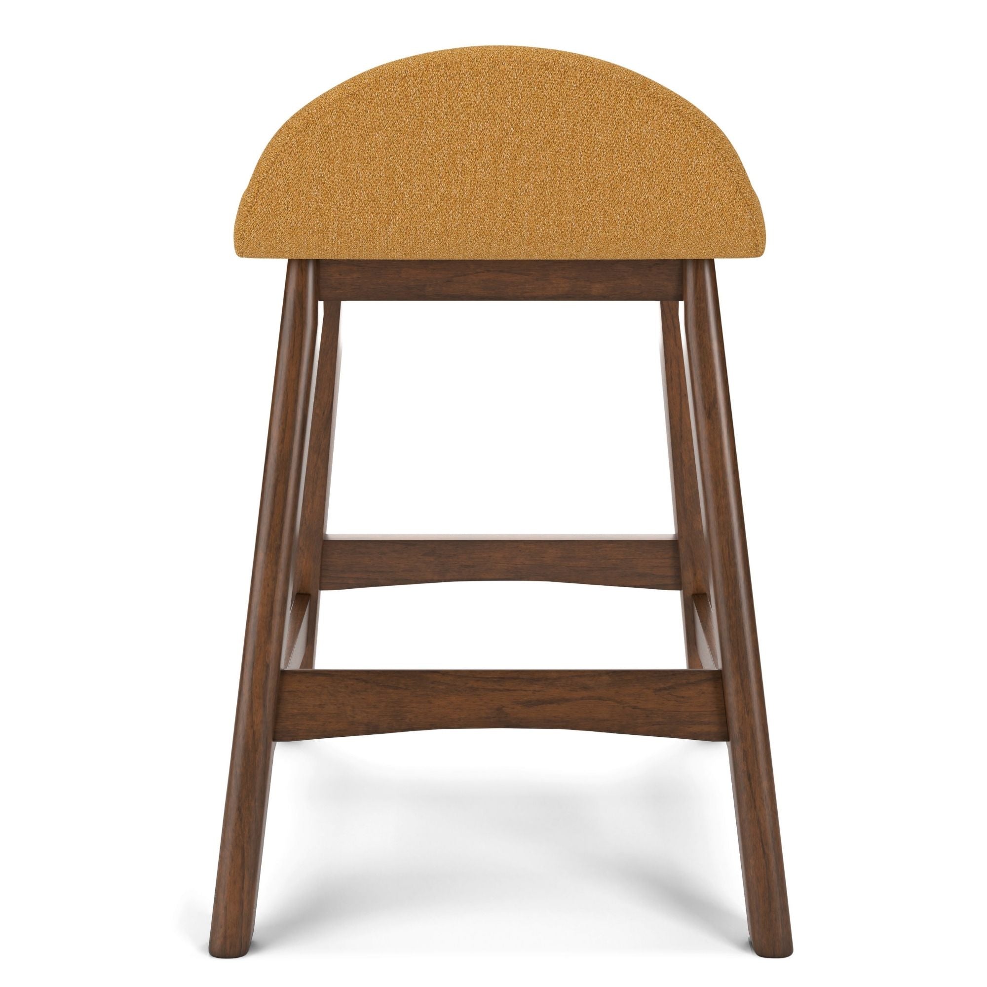 Set of two yellow upholstered Ashley Signature bar stools with wooden legs and modern design.