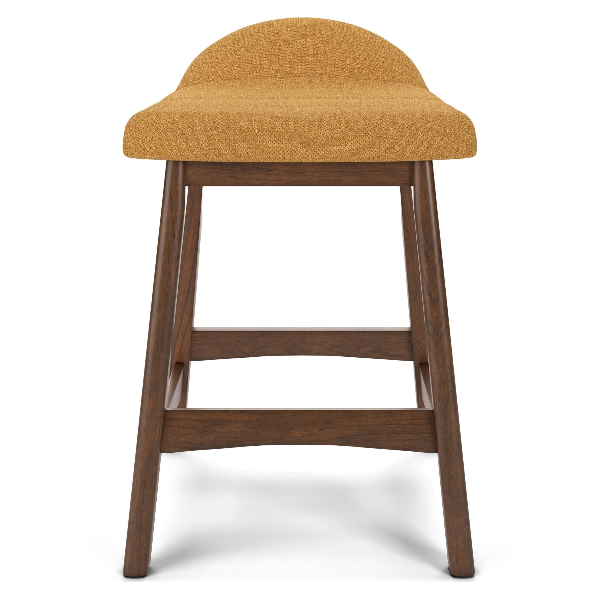 Set of two yellow upholstered barstools by Signature Ashley with modern design, featuring padded seats and sleek wooden legs.