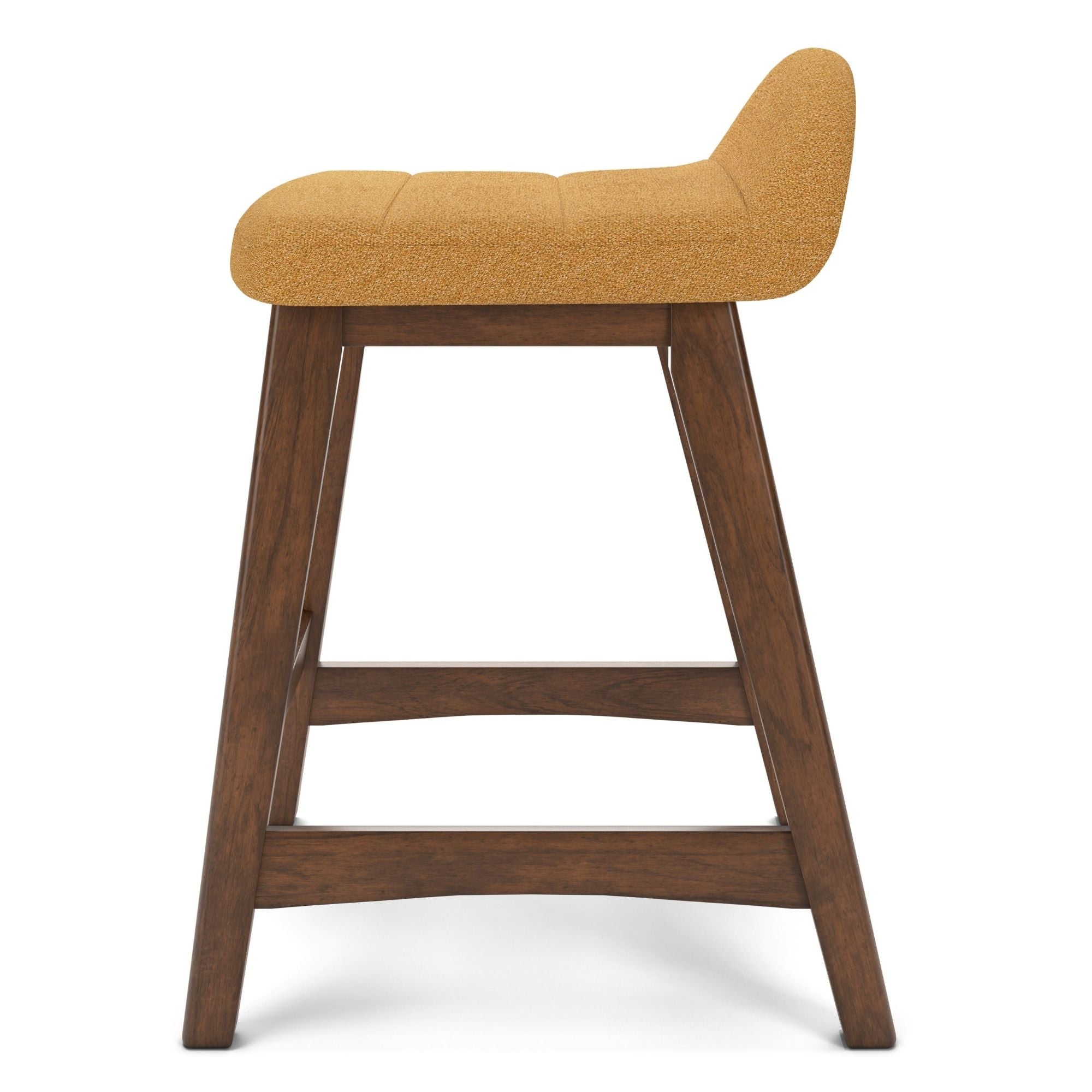 Set of two yellow upholstered Signature Ashley bar stools with wooden legs and padded seats, modern and comfortable for kitchen or bar area.