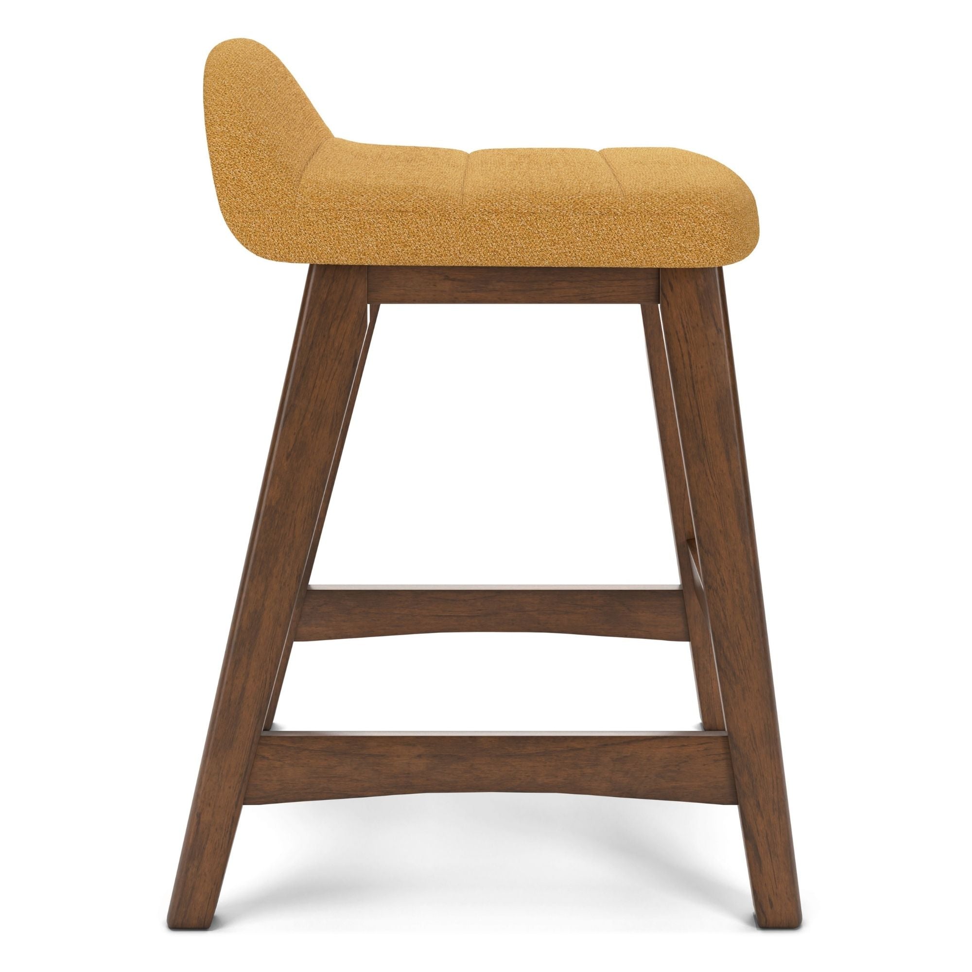 Set of two yellow upholstered Ashley Signature barstools with wooden legs, modern design, perfect for kitchen or bar seating.