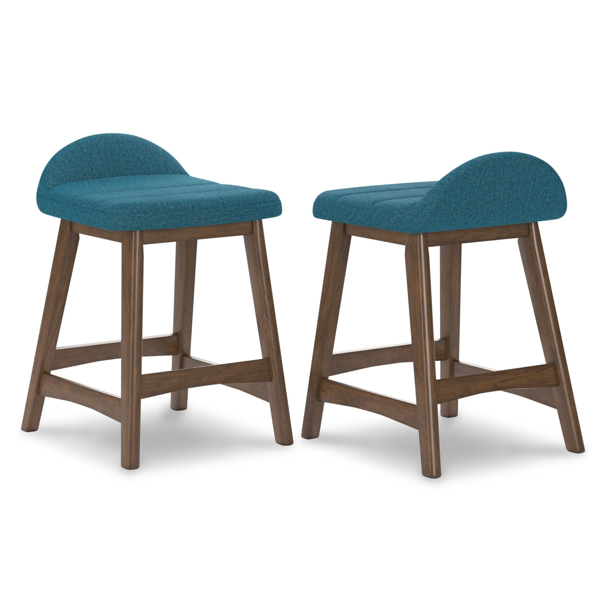 Two blue upholstered Ashley Signature barstools with wooden legs, modern design, perfect for kitchen or bar area.