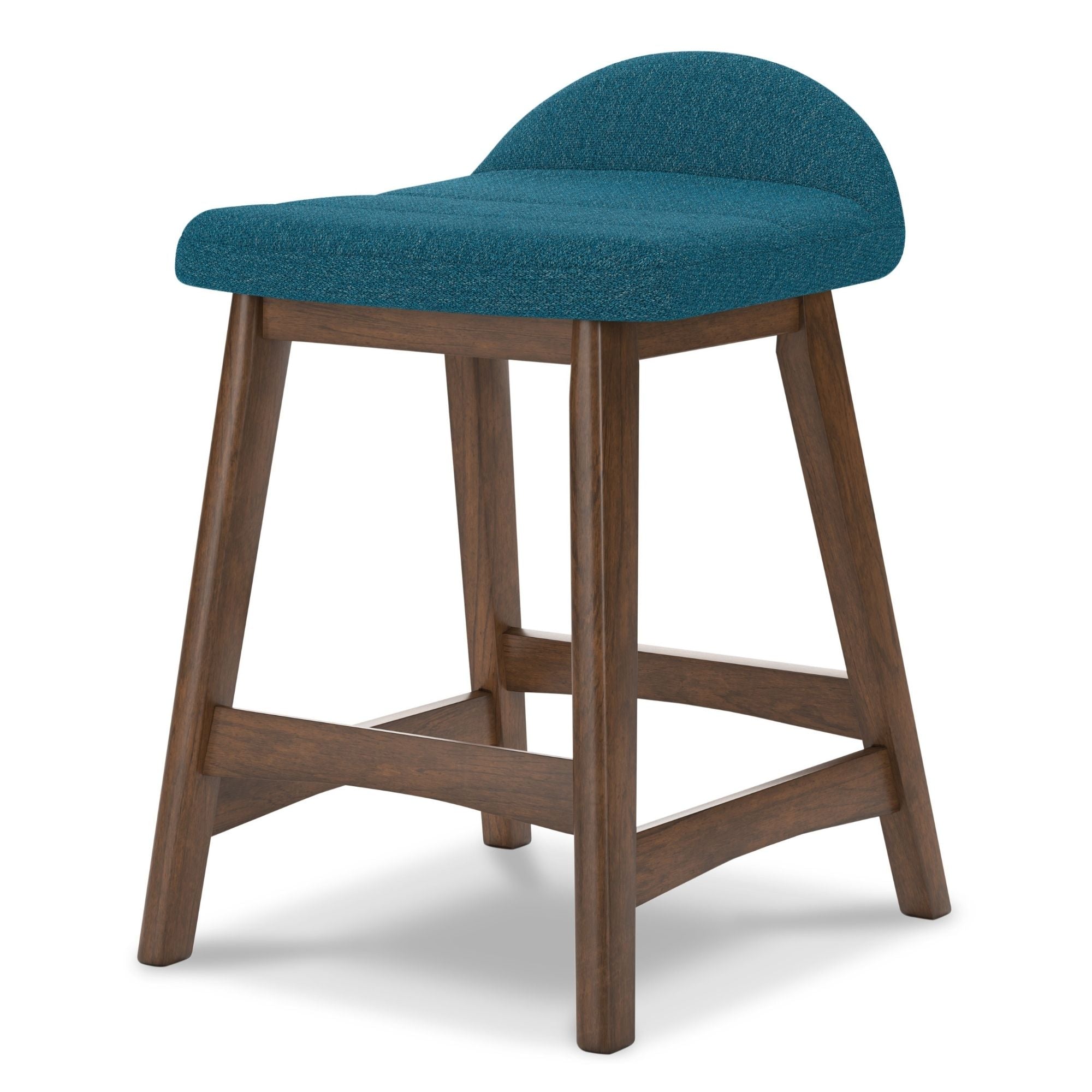 Set of two blue upholstered Ashley Signature barstools with wooden legs, modern design, and cushioned seats.