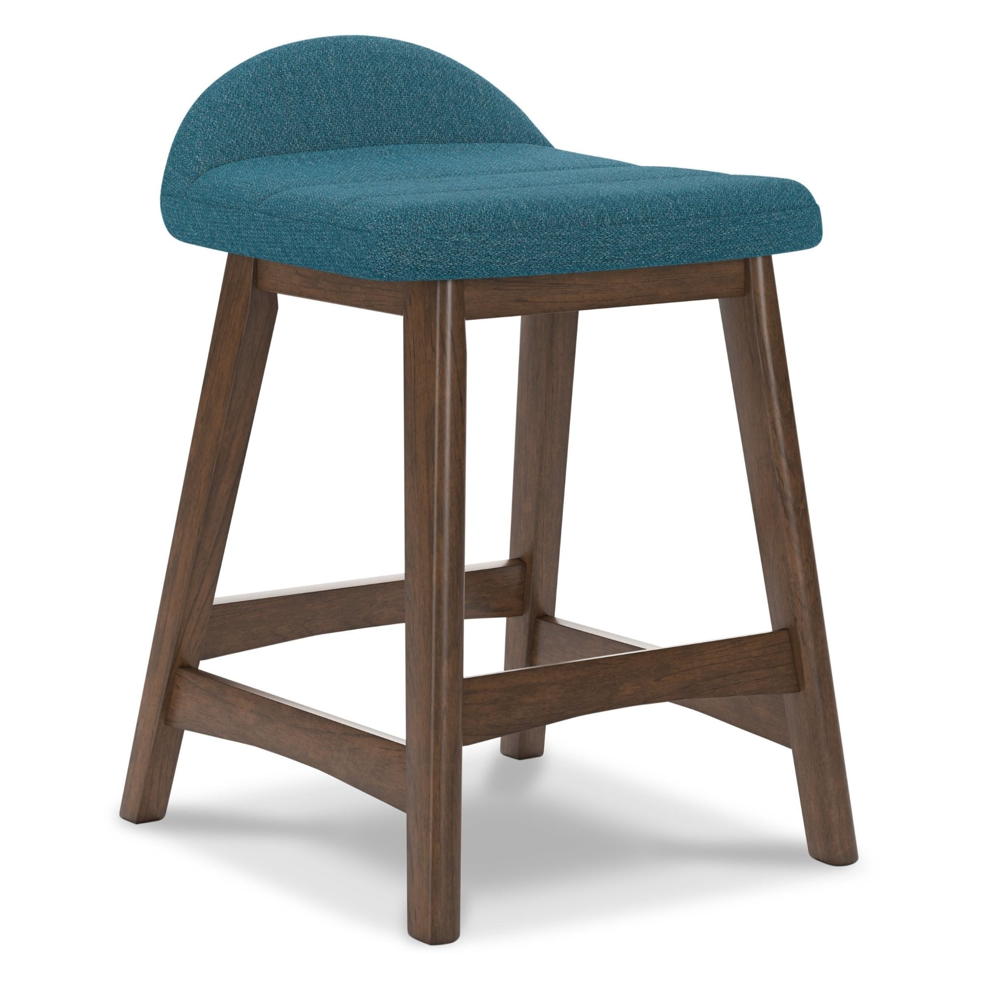 Set of two blue upholstered Signature Ashley barstools with wooden legs and cushioned seats.
