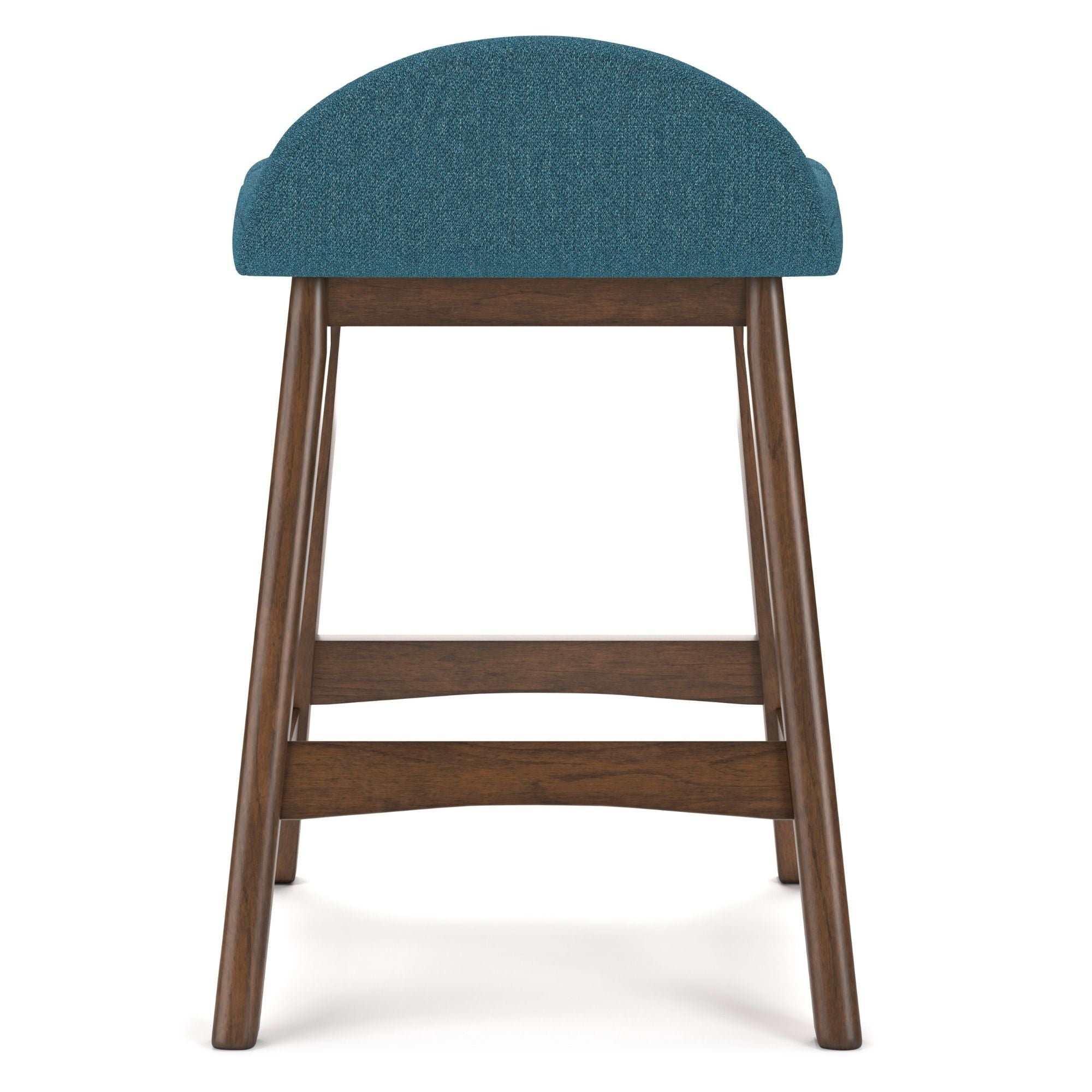 Set of two blue upholstered Ashley Signature bar stools with wooden legs, modern design for home or bar area.