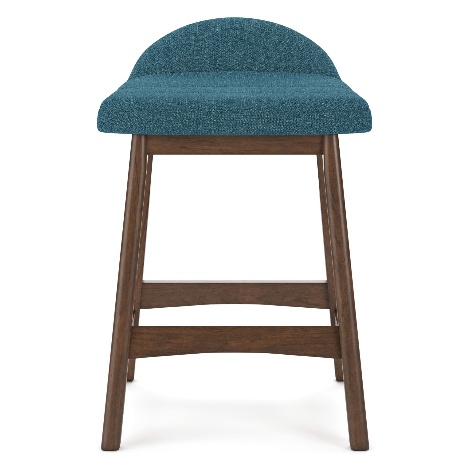 Set of two blue upholstered Ashley Signature bar stools with cushioned seats and wooden legs, modern design for home bar area.
