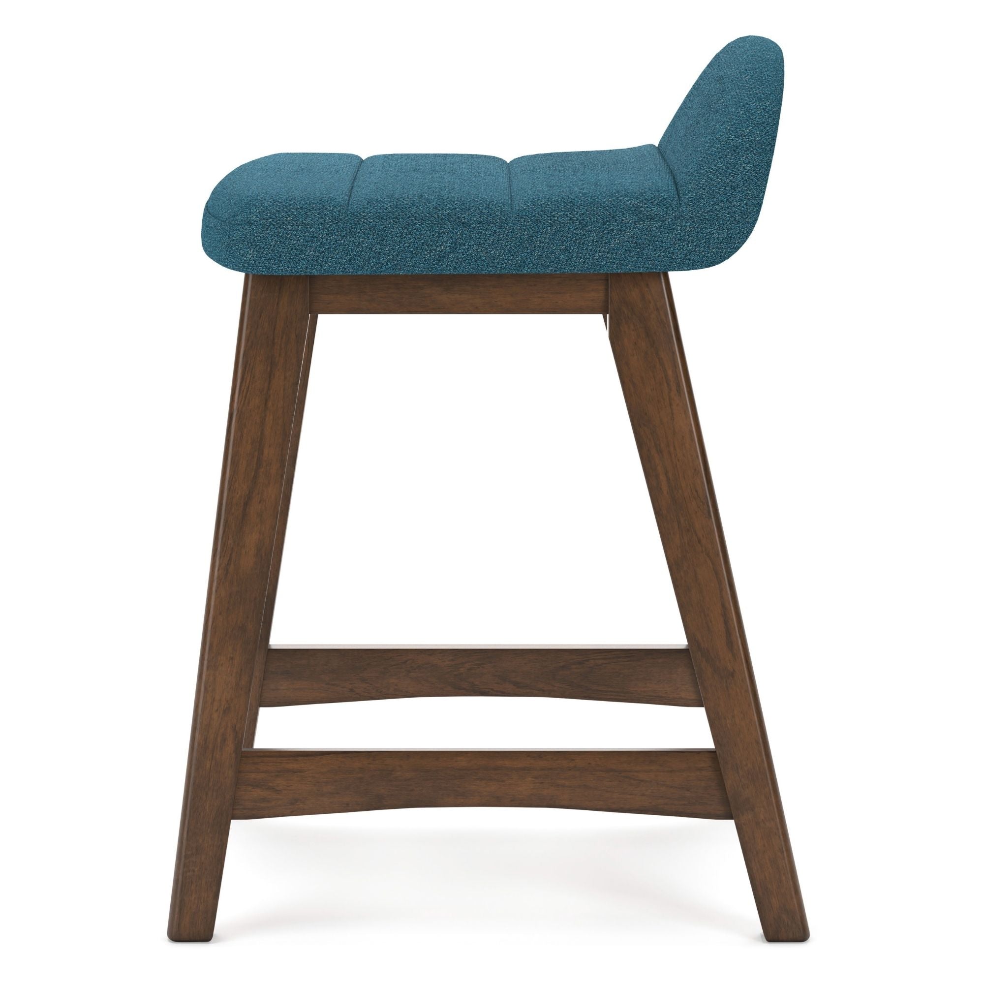 Set of two blue upholstered Ashley Signature bar stools with wooden legs, modern design, and cushioned seats.