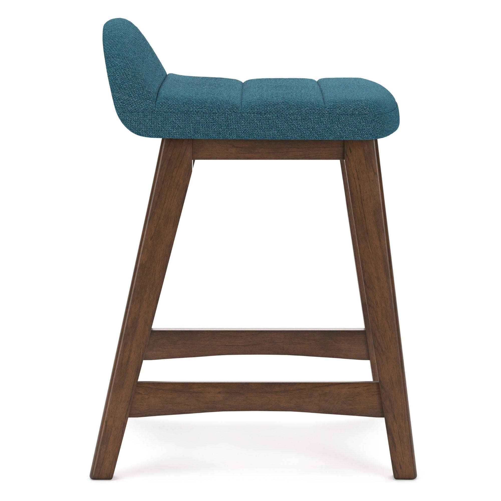 Set of two blue upholstered Signature Ashley bar stools with wooden legs, modern design, and cushioned seats.