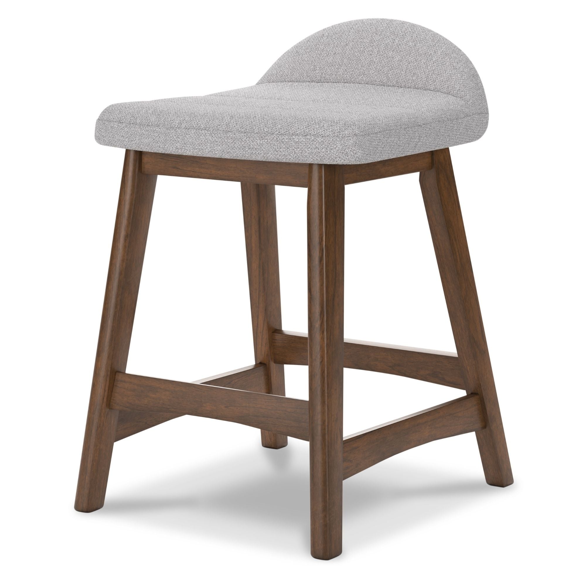 Pair of Signature Ashley Lyncott light grey upholstered bar stools with wooden legs, modern design, set of two.