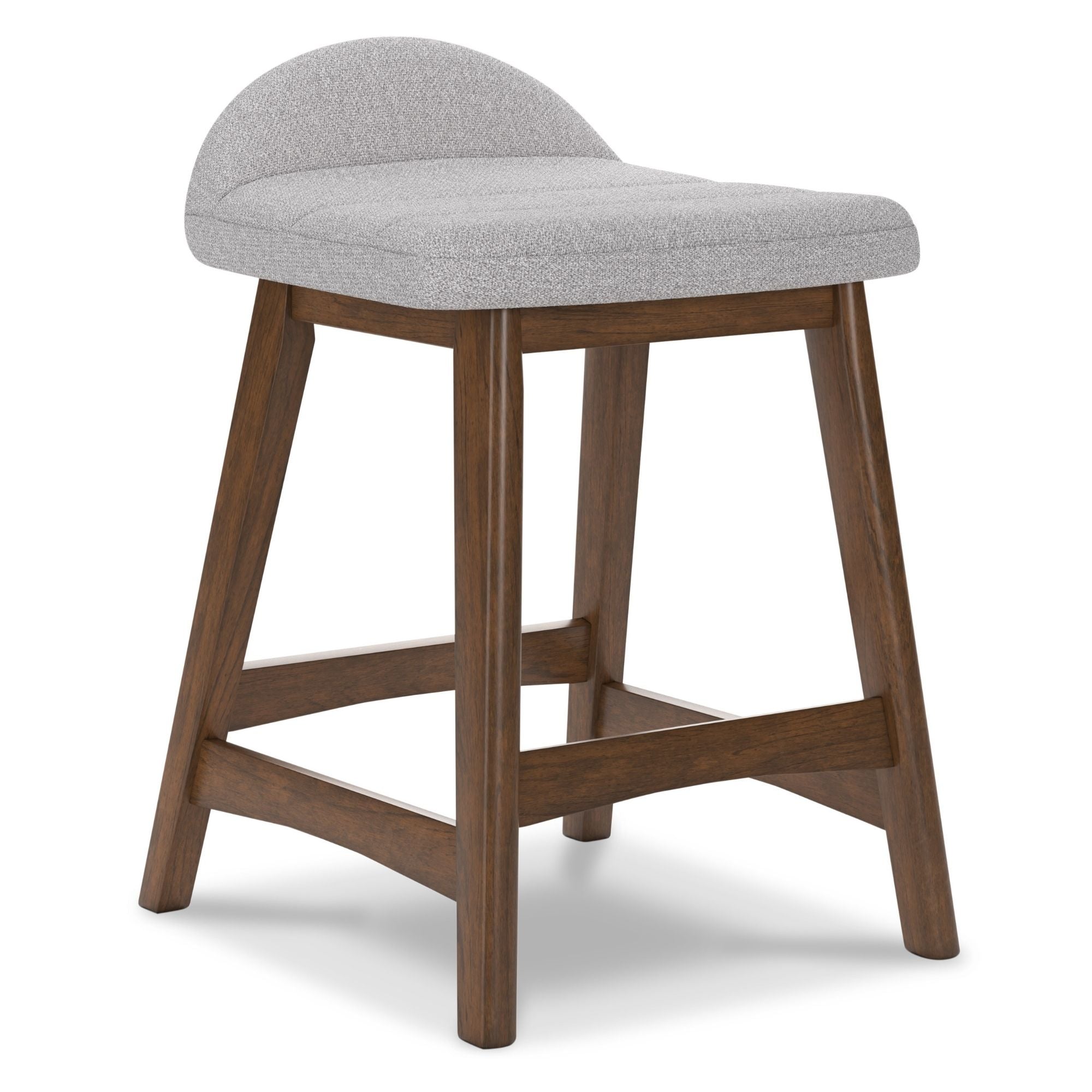 Set of two light grey upholstered Ashley Signature bar stools with wooden legs and cushioned seats.