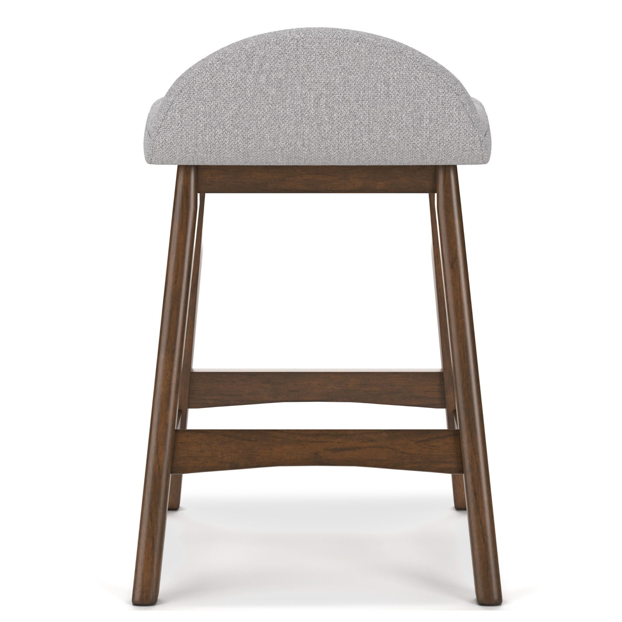 Set of two Signature Ashley Lyncott upholstered light grey barstools with padded seats and wooden legs, ideal for kitchen or bar area.
