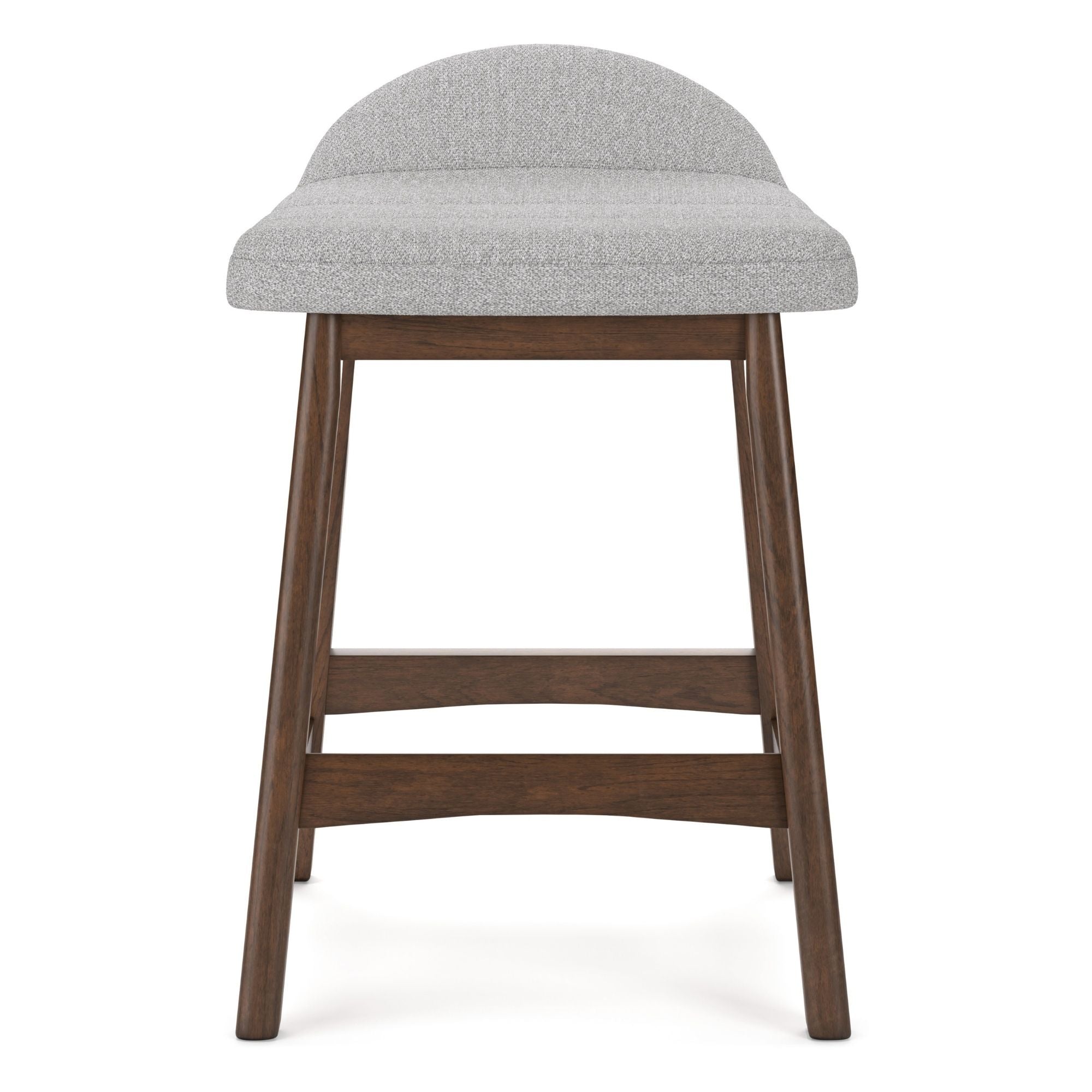 Set of two Signature Ashley Lyncott upholstered barstools in light grey with cushioned seats and sleek wooden legs.