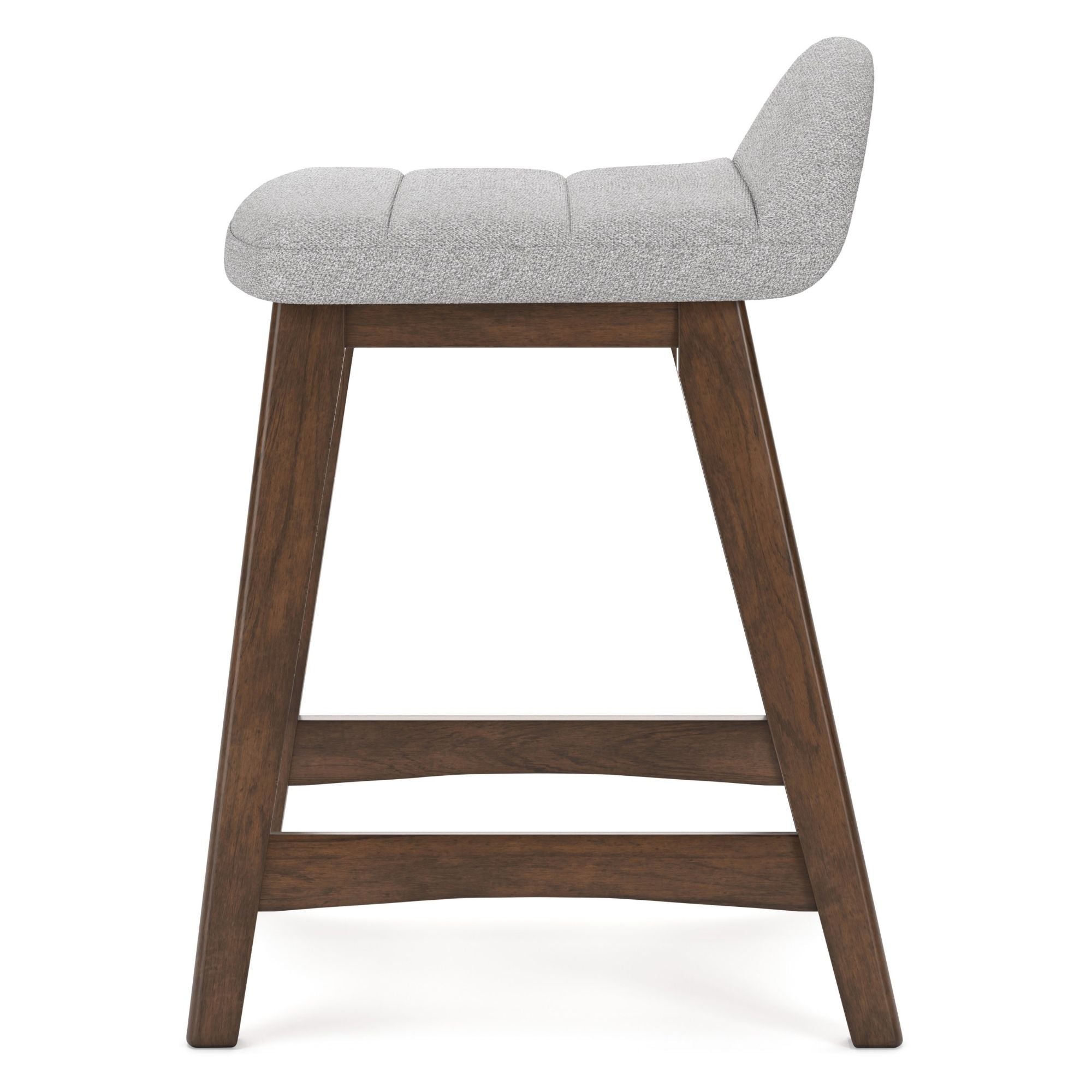 Set of two Signature Ashley Lyncott upholstered barstools in light grey with padded seats and wooden legs.