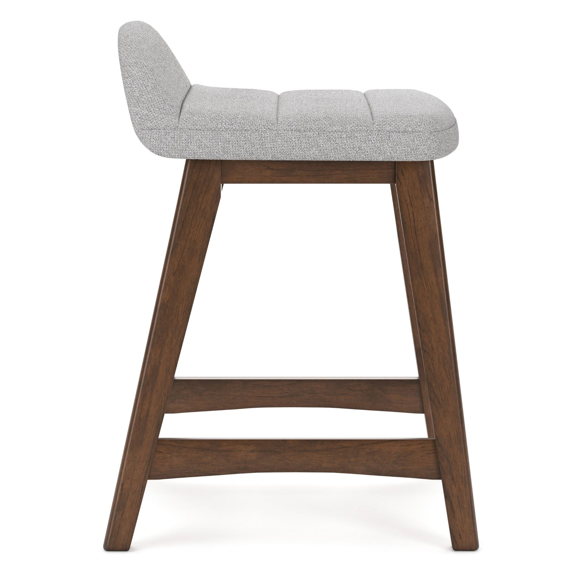 Set of two Signature Ashley Lyncott upholstered barstools in light grey with cushioned seats and sleek wooden legs.