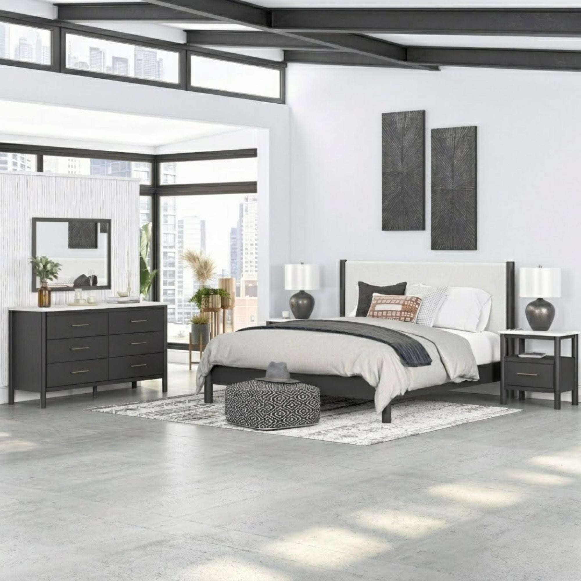 Black upholstered panel platform bedroom set by Signature Ashley, shown with a sleek bed frame and matching furniture.