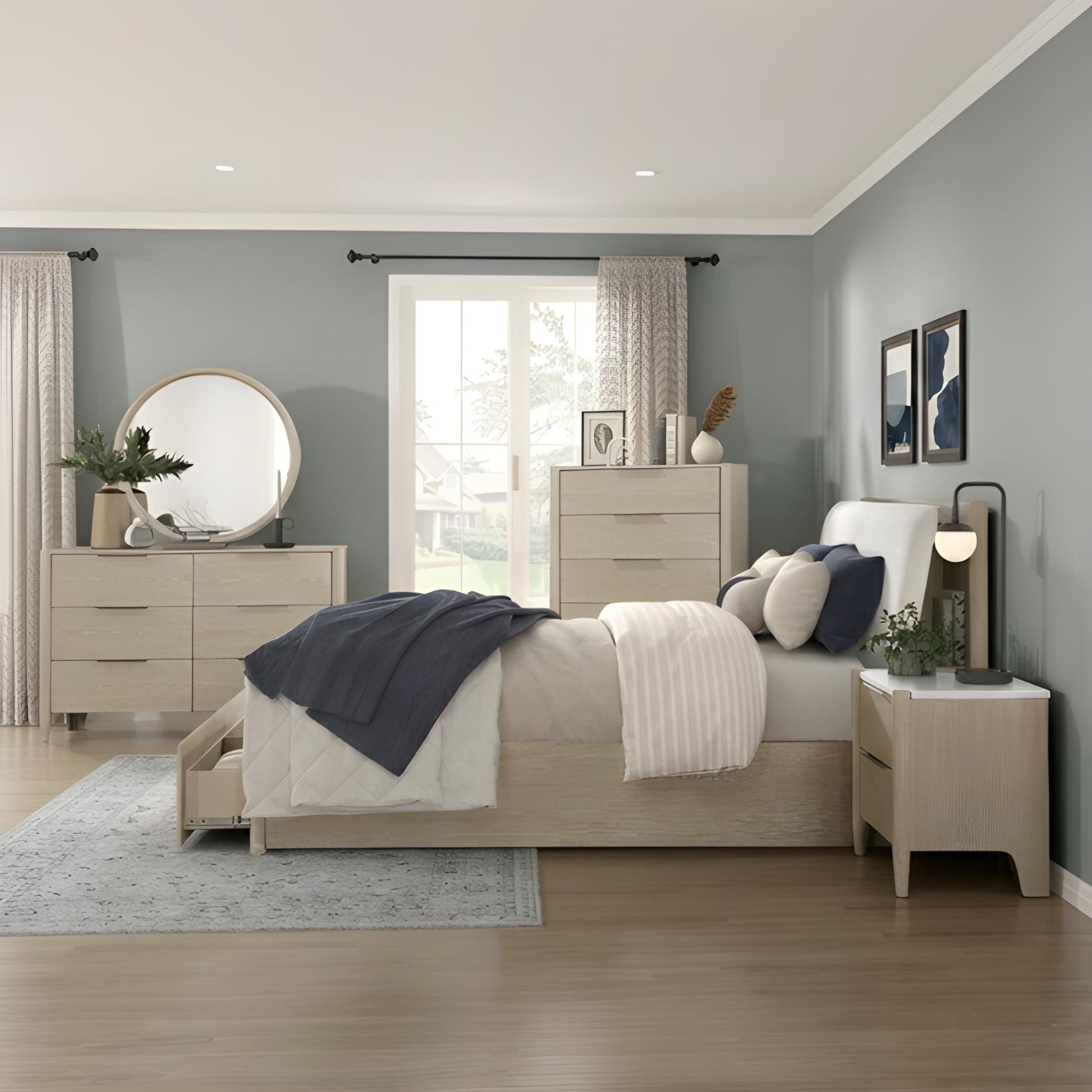 Modern bedroom set from MAZ's Matteo Collection featuring a soft, stylish design with a bed, nightstands, and matching decor.
