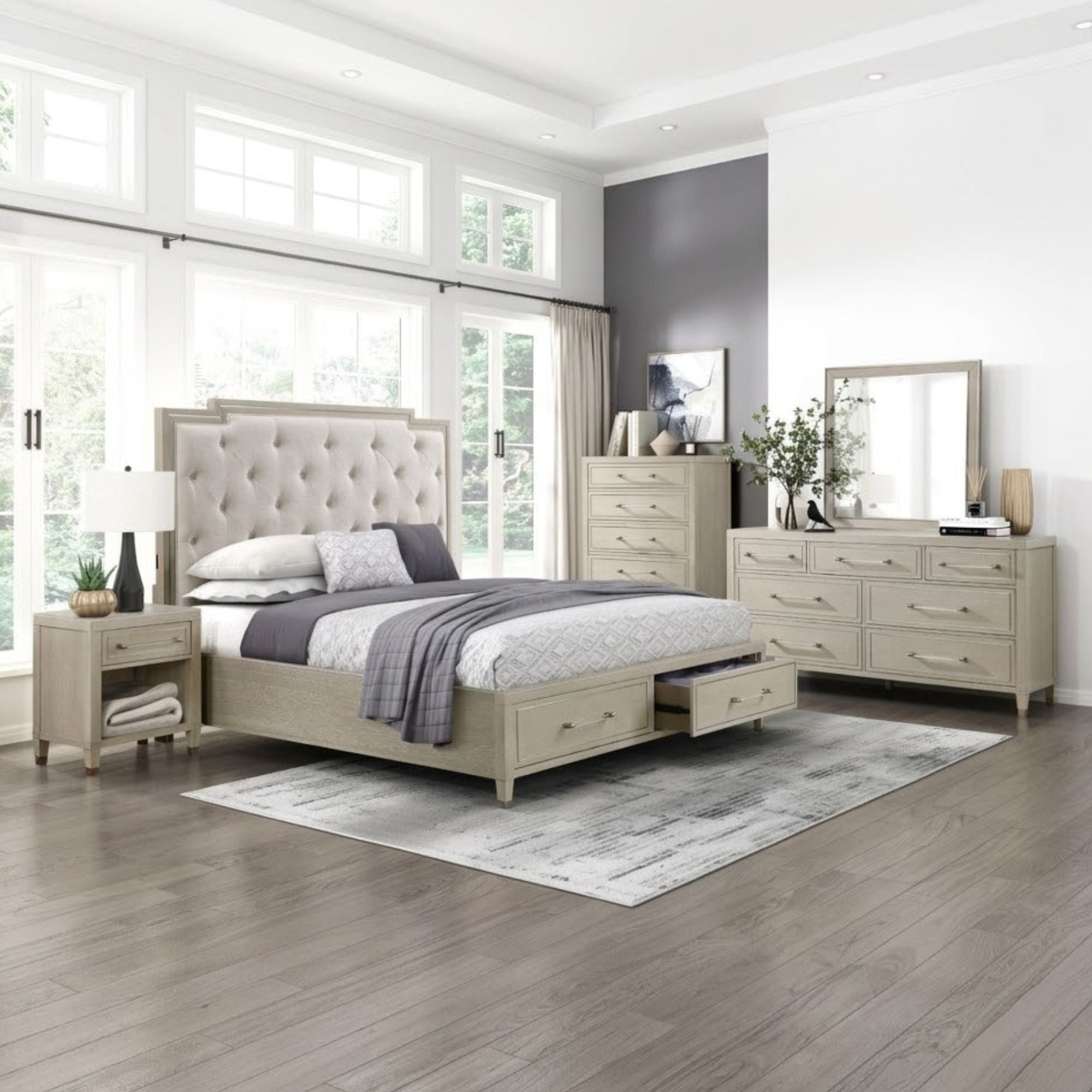 M.A.F Genoa Ivory platform bedroom set with bed frame and matching furniture in a modern bedroom interior.
