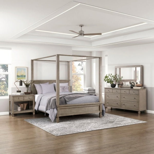 M.A.F Marceline Collection canopy bedroom set with bed frame, nightstands, and dresser in a modern bedroom decor.