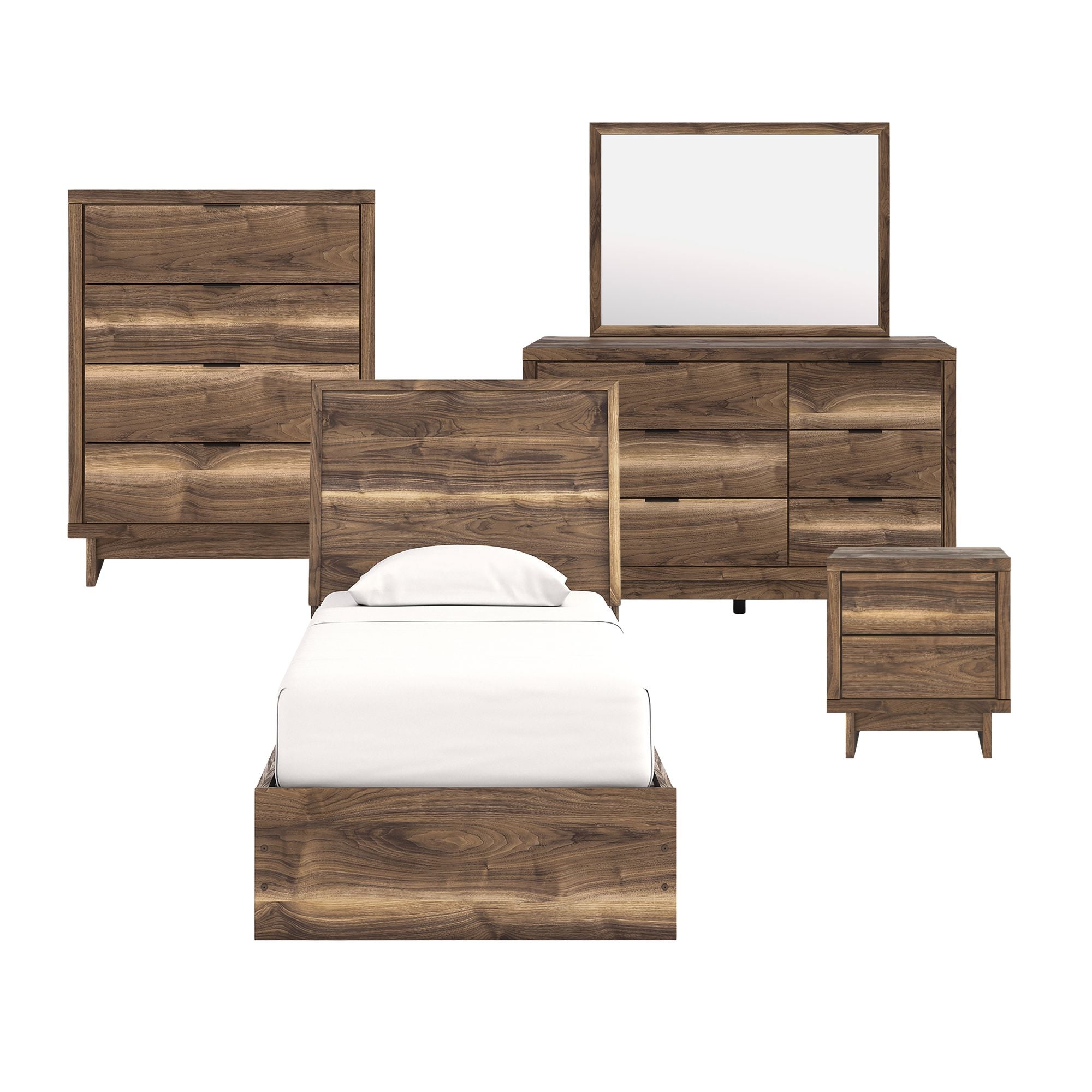Ashley Chirason panel bed bedroom set with matching nightstands and dresser, featuring modern wood finish and clean design.