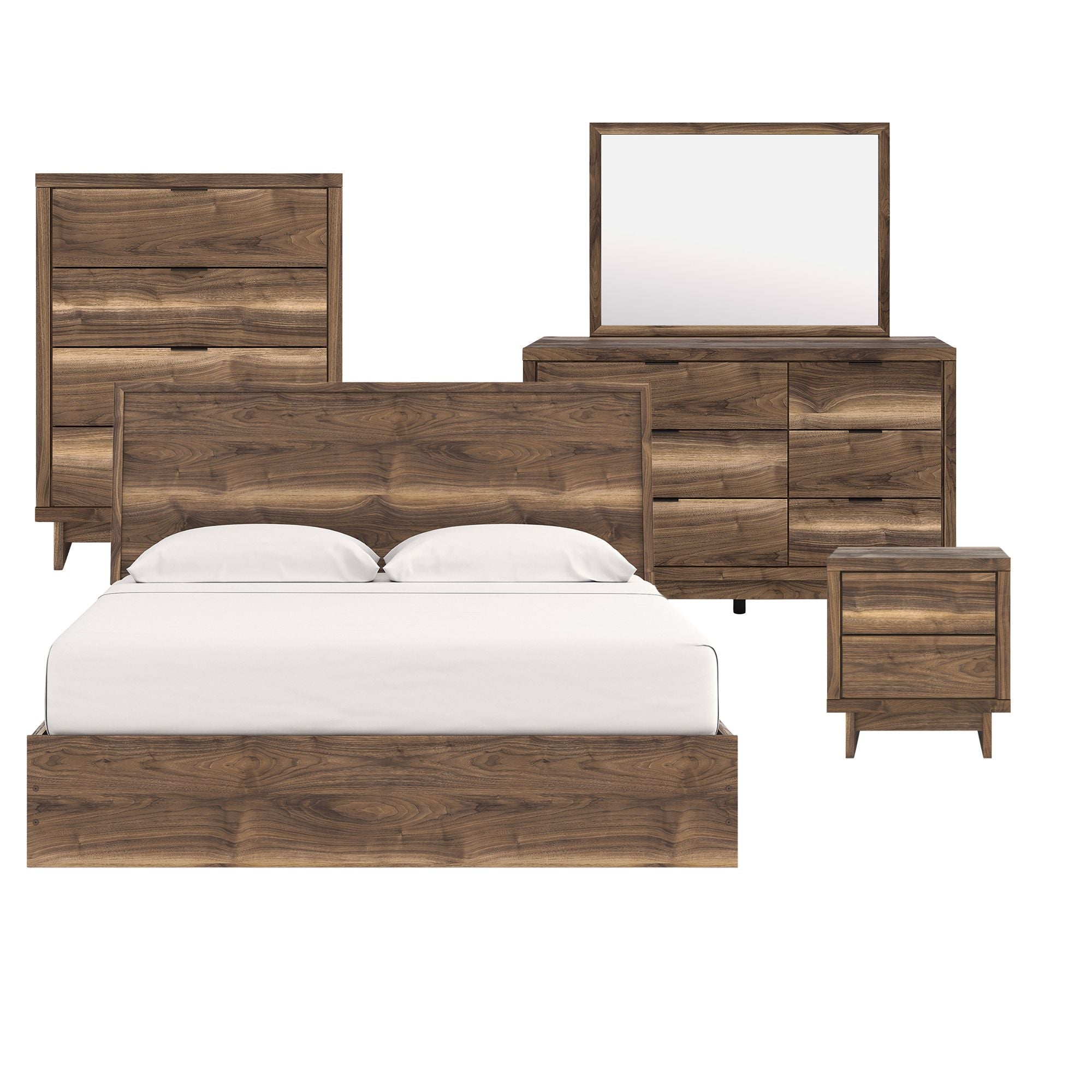 Ashley Chirason Panel Bed Bedroom Set showing a modern wooden bed frame with matching nightstands and dresser in a cozy bedroom setting.
