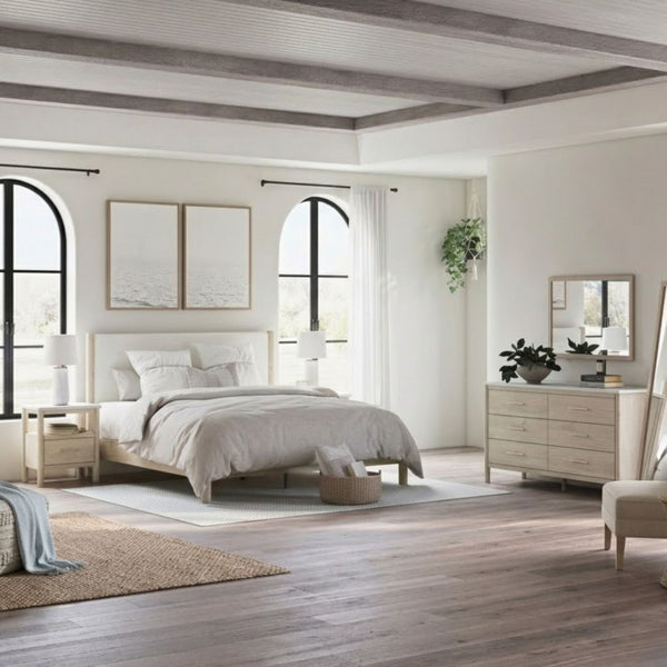 Cadmori upholstered panel platform bedroom set by Signature Ashley featuring a natural finish and modern design.