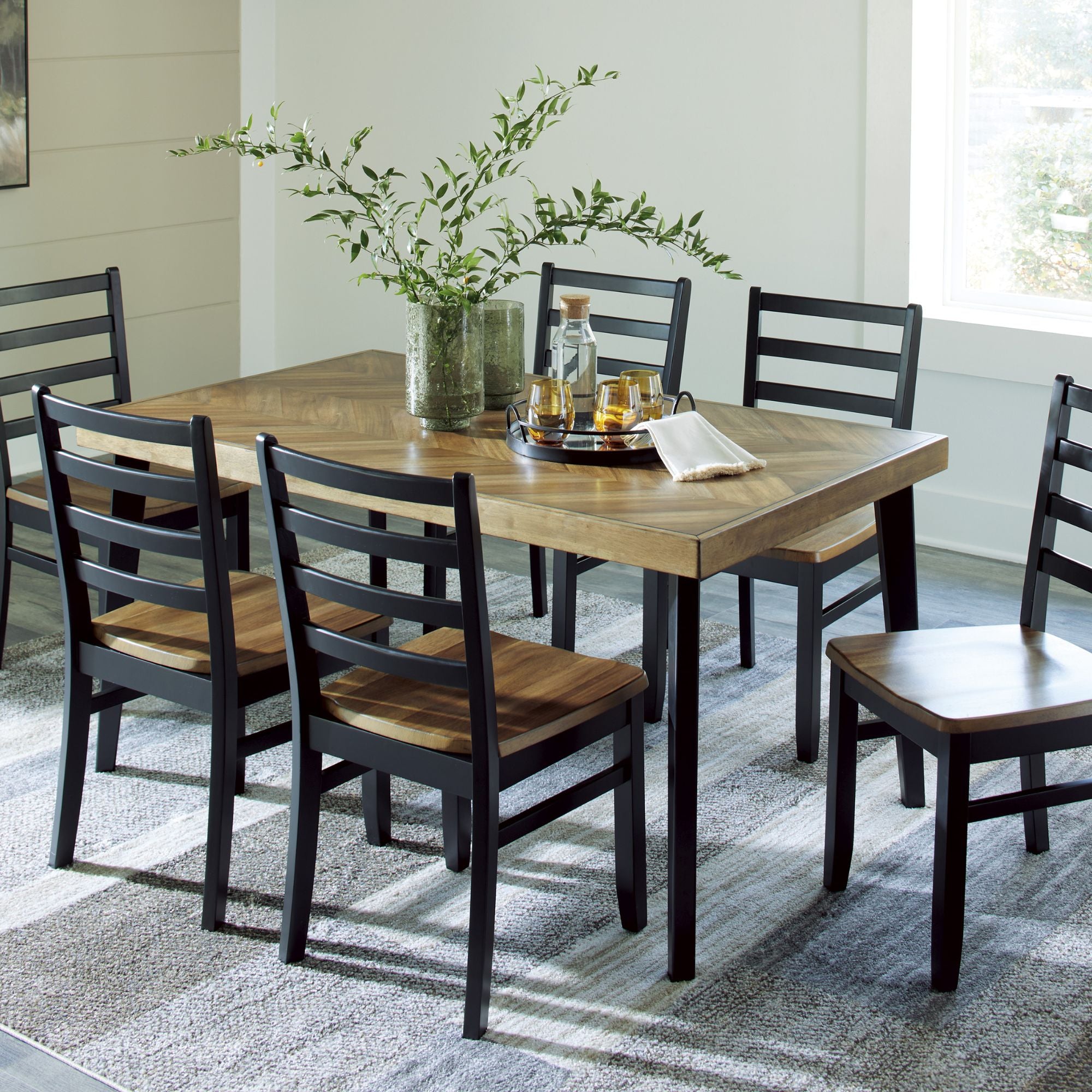 Brown and black Blondon 7-piece rectangular dining room set by Signature Ashley, includes table and matching chairs.