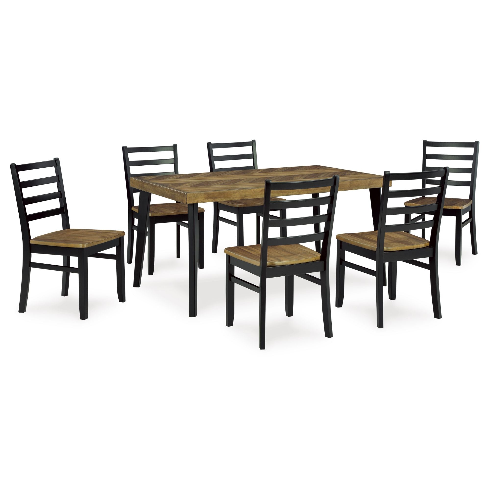Brown and black 7-piece rectangular dining room set by Signature Ashley with table and matching chairs.