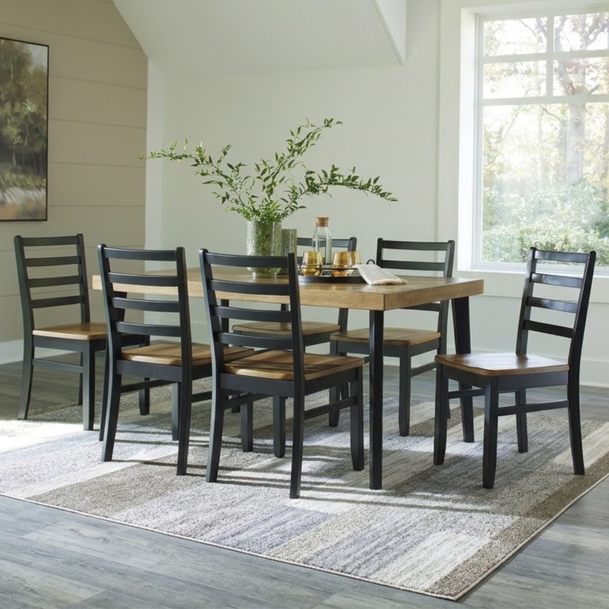 Brown and black Ashley Blondon 7-piece rectangular dining room set with matching chairs and table, modern and stylish for dining space.