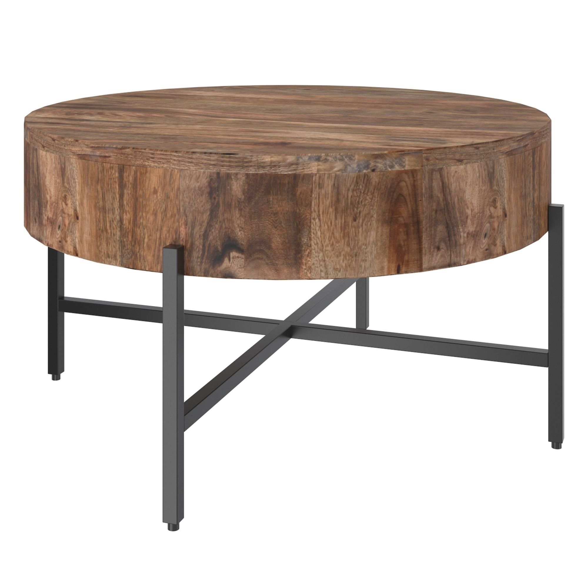 Blox round coffee table in natural wood and black finish, modern design with smooth surface and sturdy legs, by World Wide.