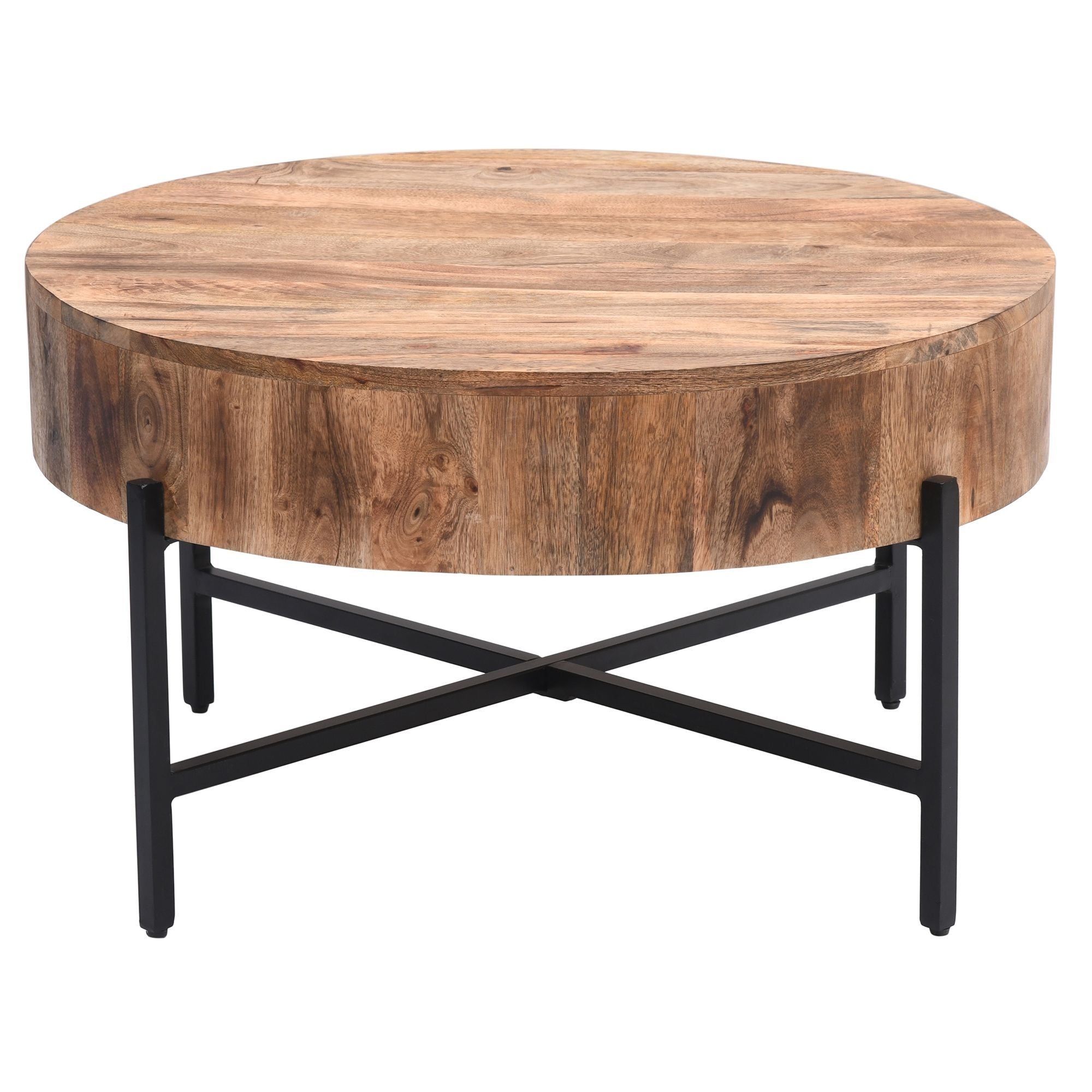 Blox round coffee table by World Wide with natural wood top and black metal legs, modern and stylish living room furniture.